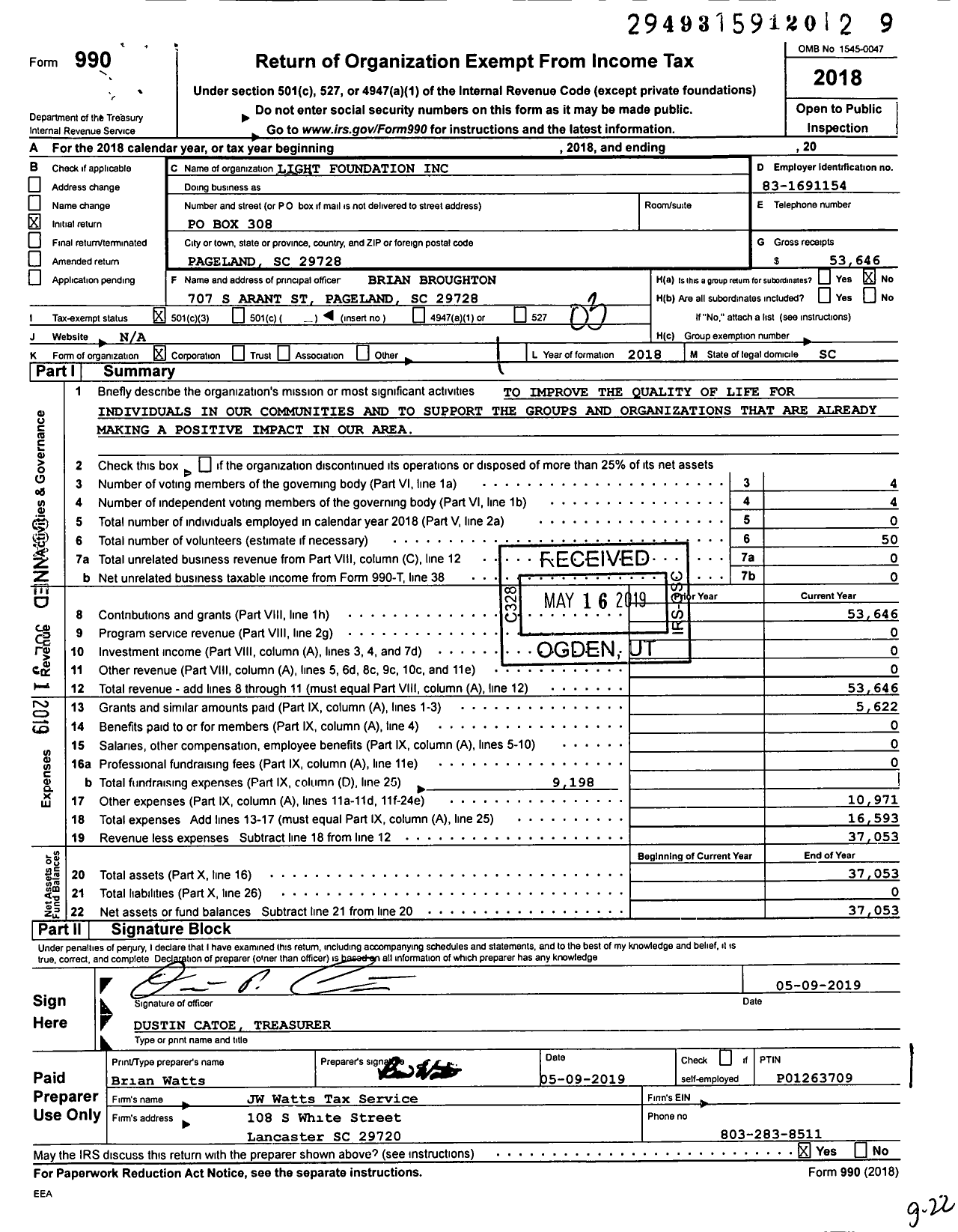 Image of first page of 2018 Form 990 for The Light Foundation