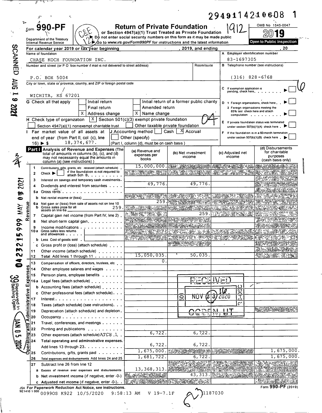 Image of first page of 2019 Form 990PF for Chase Koch Foundation