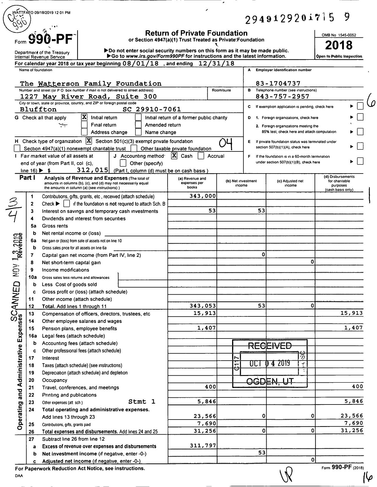 Image of first page of 2018 Form 990PF for The Watterson Family Foundation