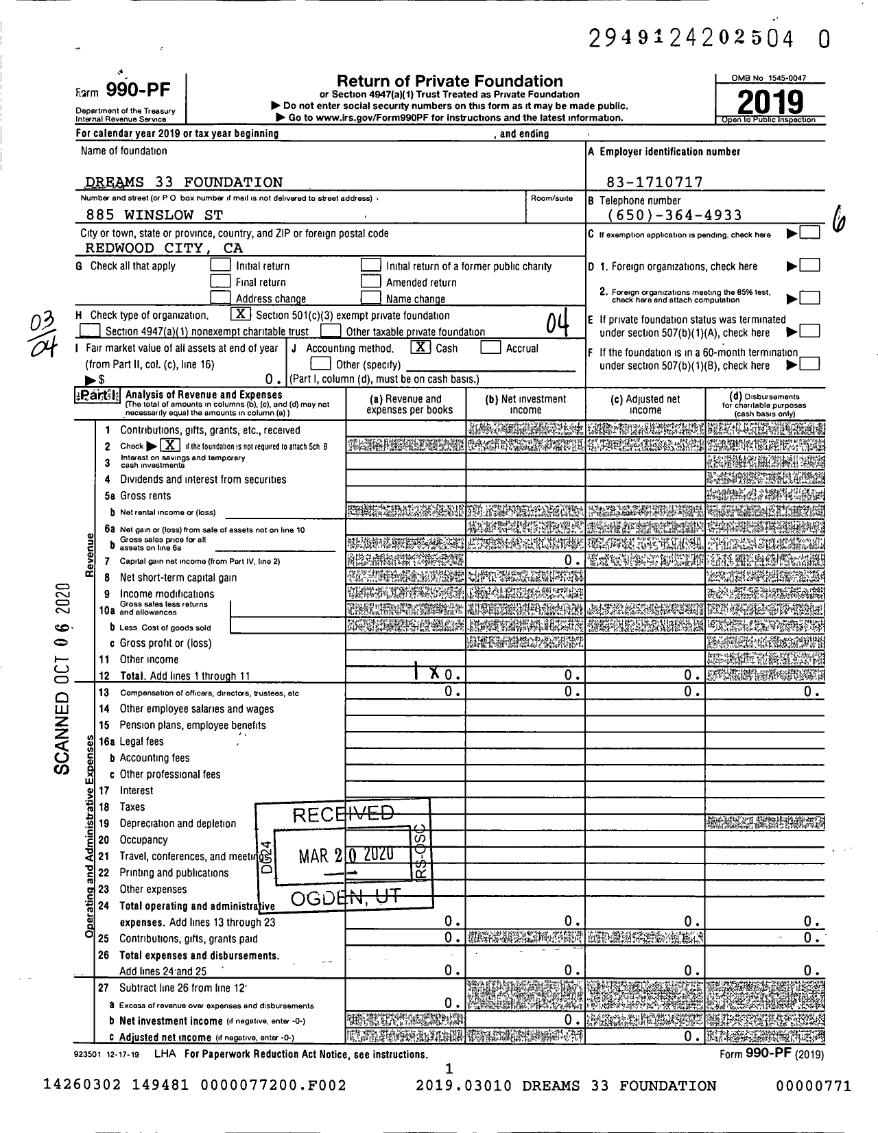 Image of first page of 2019 Form 990PR for Dreams33 Foundation