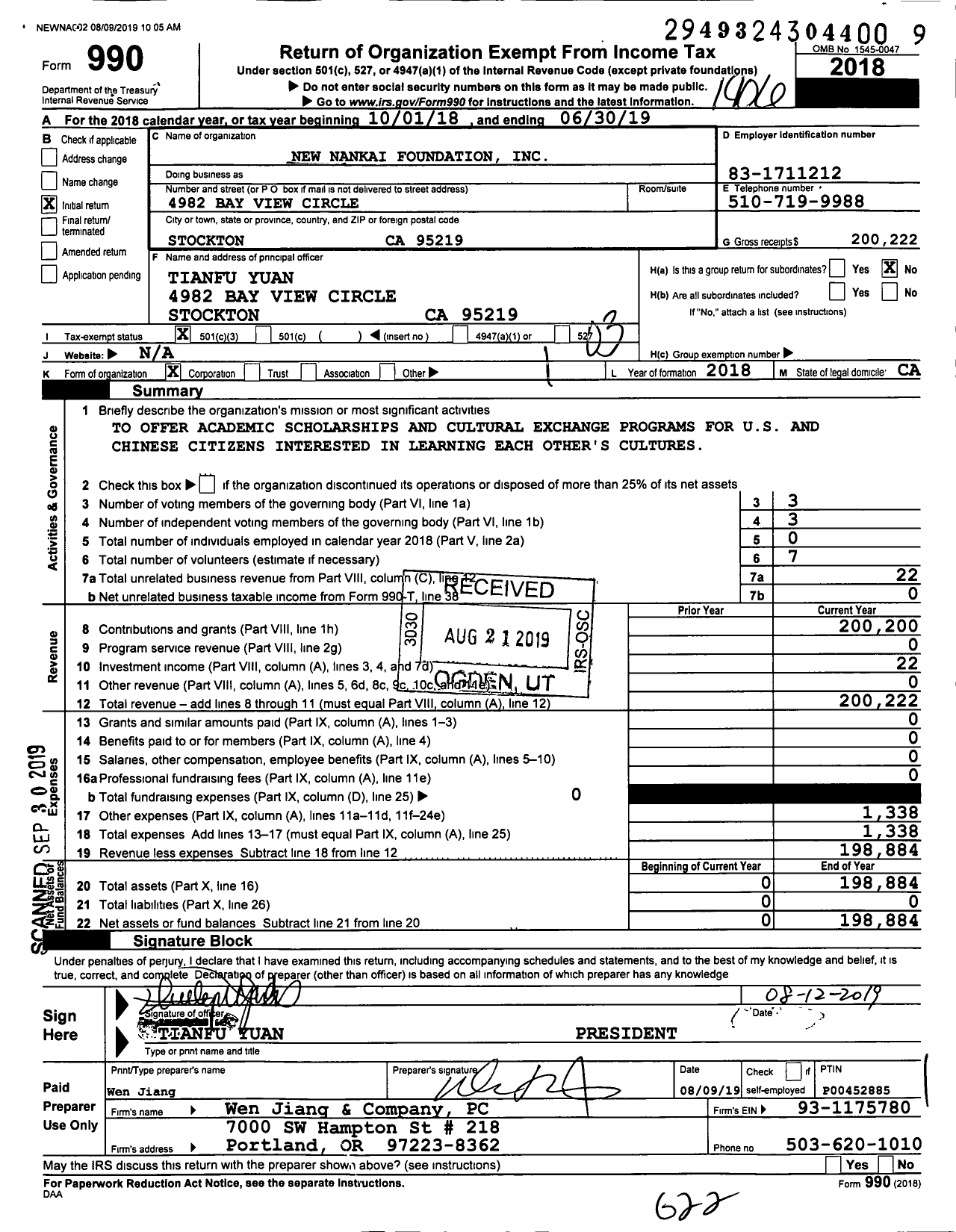 Image of first page of 2018 Form 990 for New Nankai Foundation