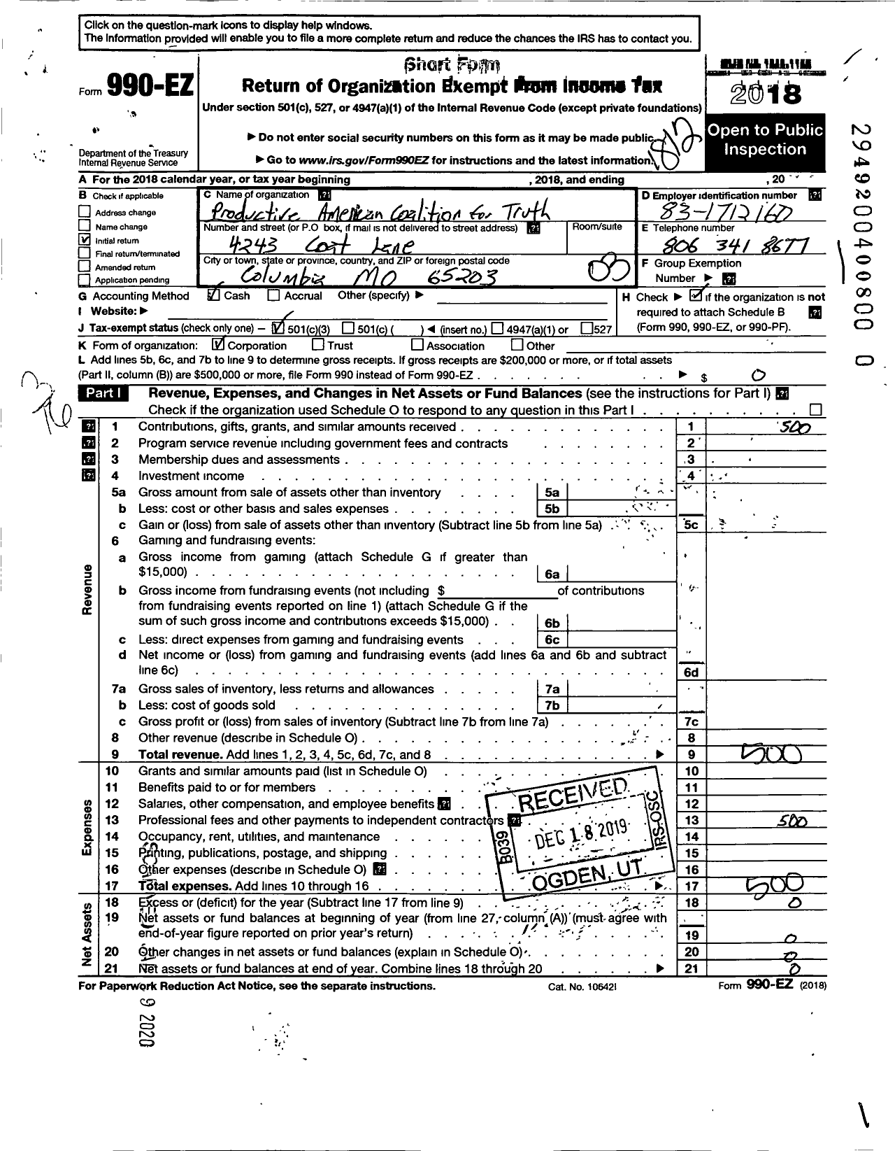 Image of first page of 2018 Form 990EZ for Productive American Coalition for Truth