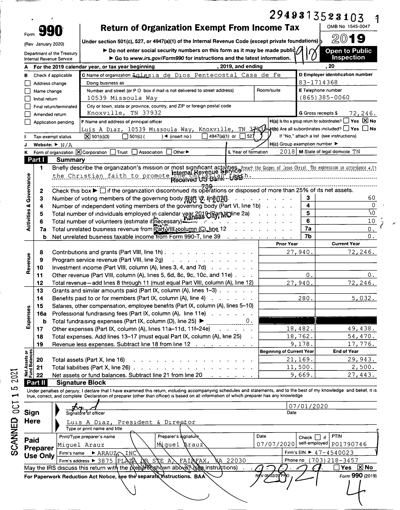 Image of first page of 2019 Form 990 for Iglesia de Dios Pentecostal Casa de Fe