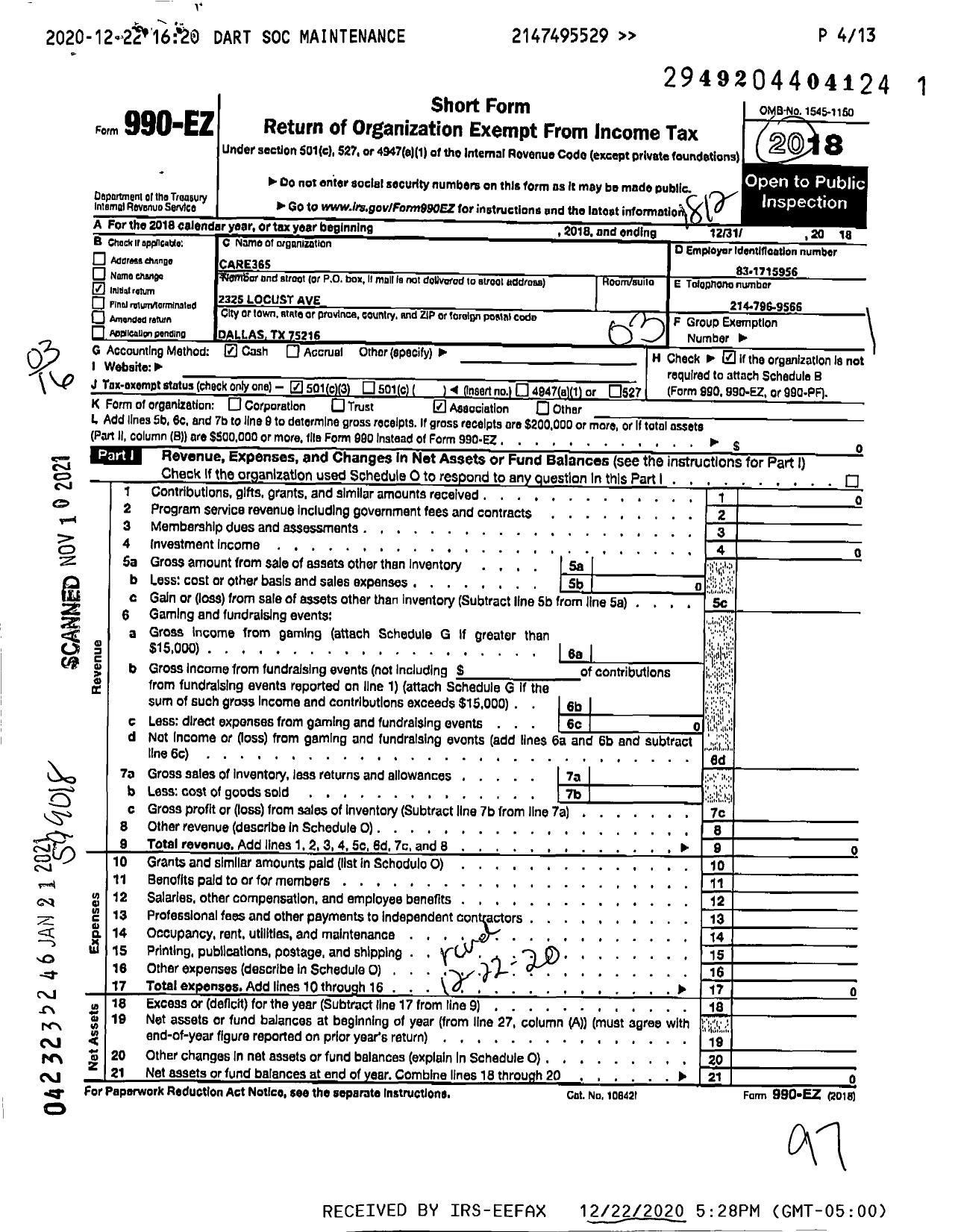 Image of first page of 2018 Form 990EZ for Care365