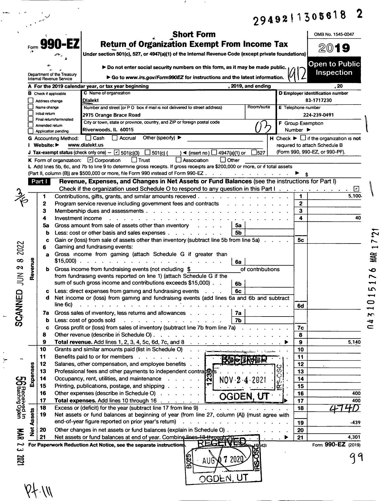 Image of first page of 2019 Form 990EZ for Dialekt