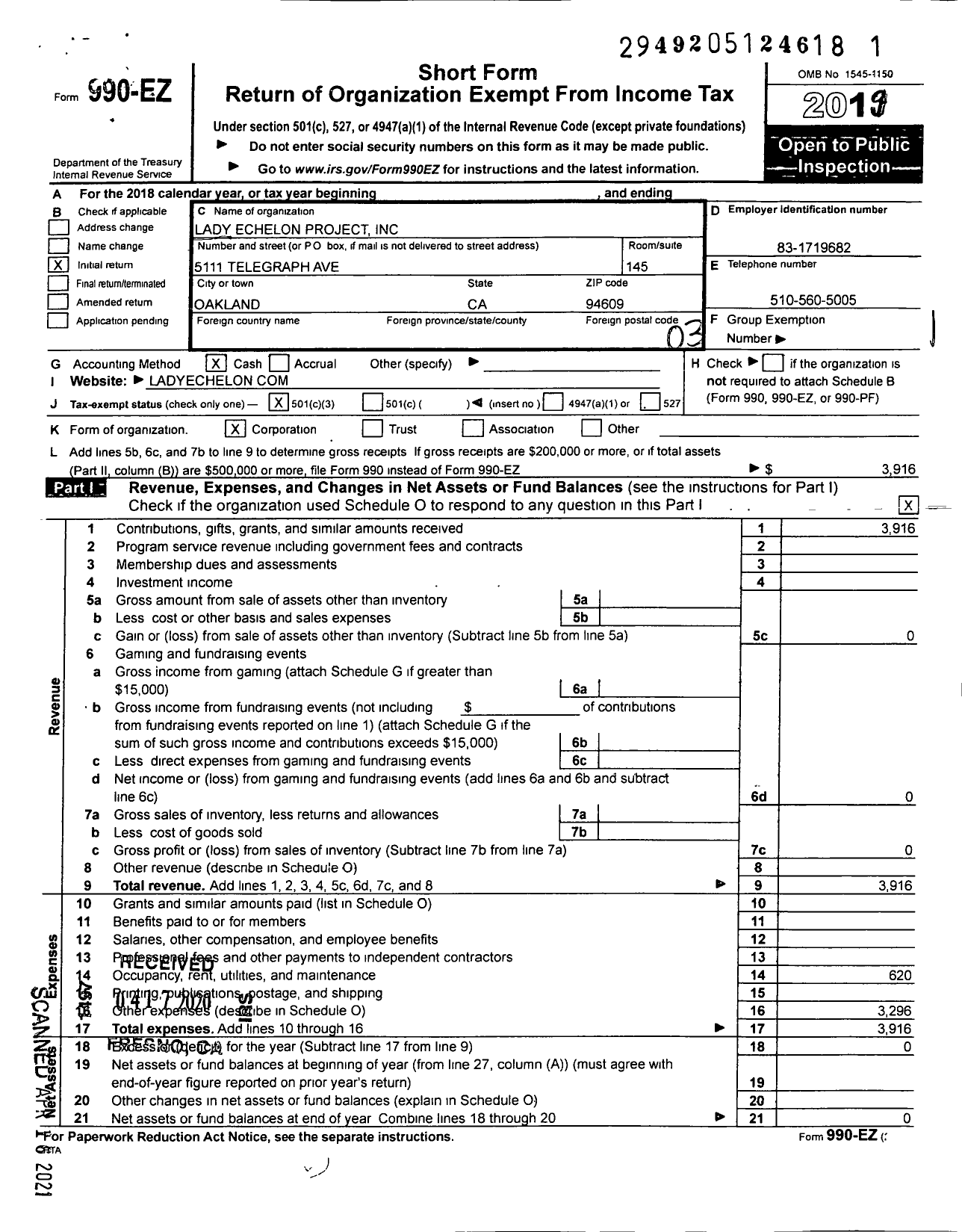 Image of first page of 2019 Form 990EZ for Lady Echelon Project