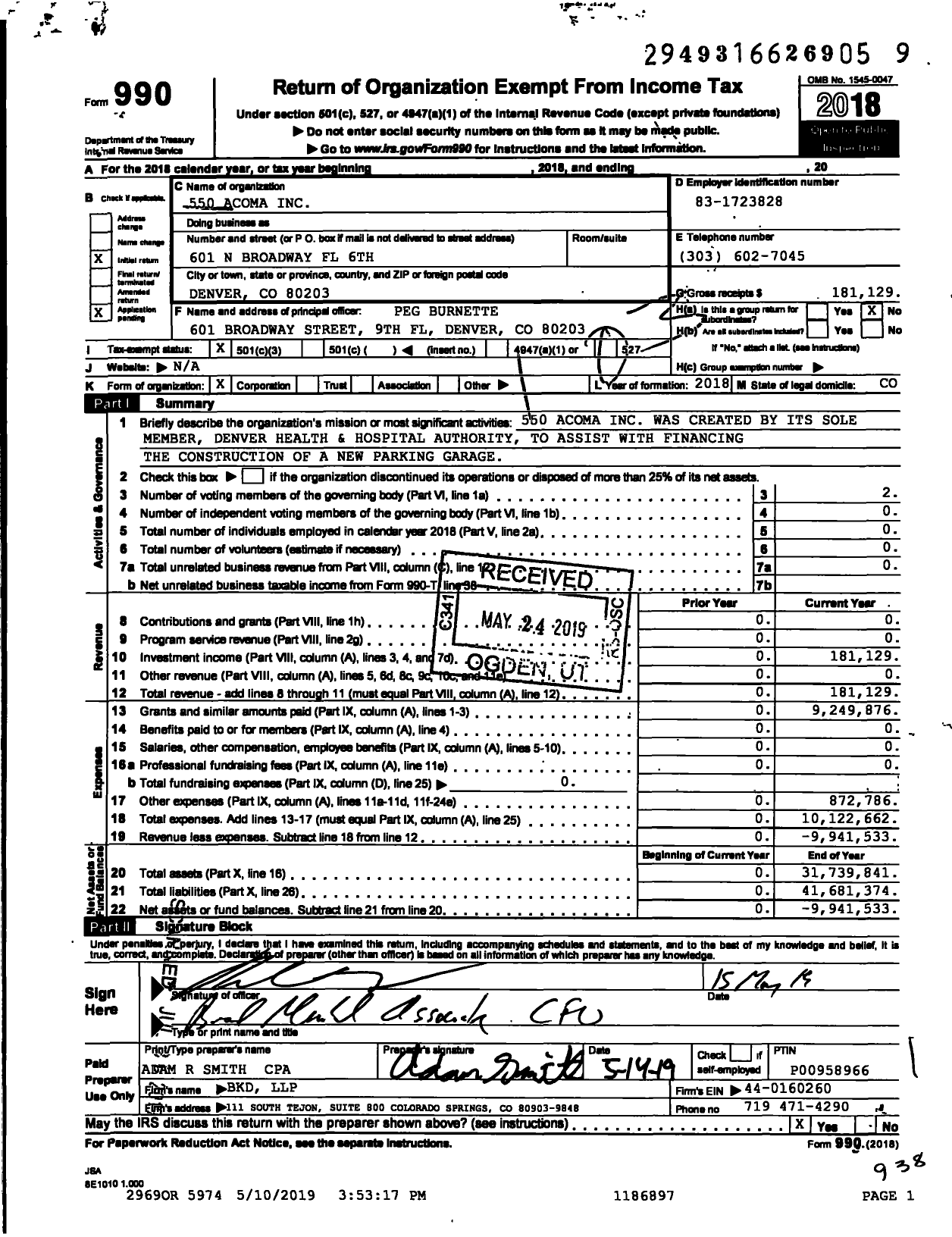 Image of first page of 2018 Form 990 for 550 Acoma