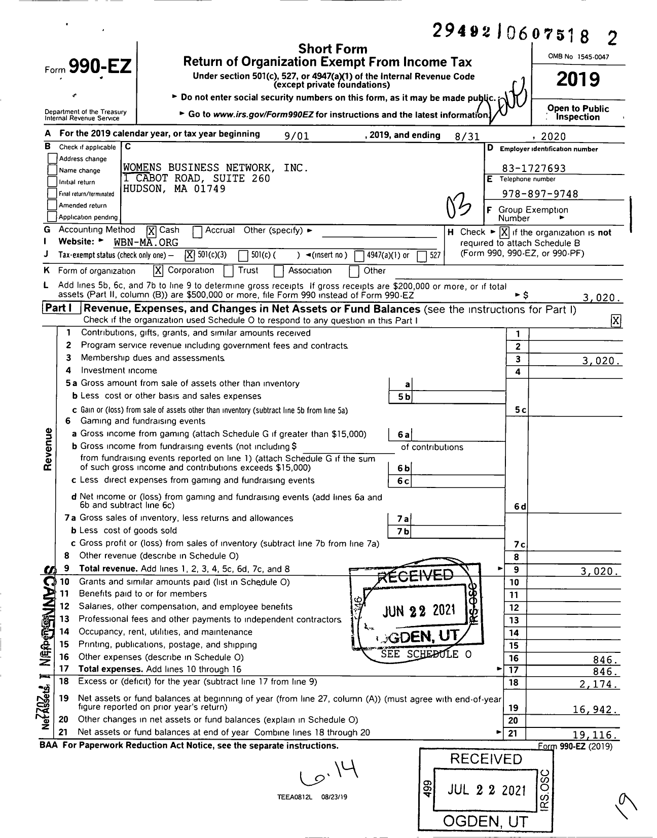 Image of first page of 2019 Form 990EZ for Womens Business Network