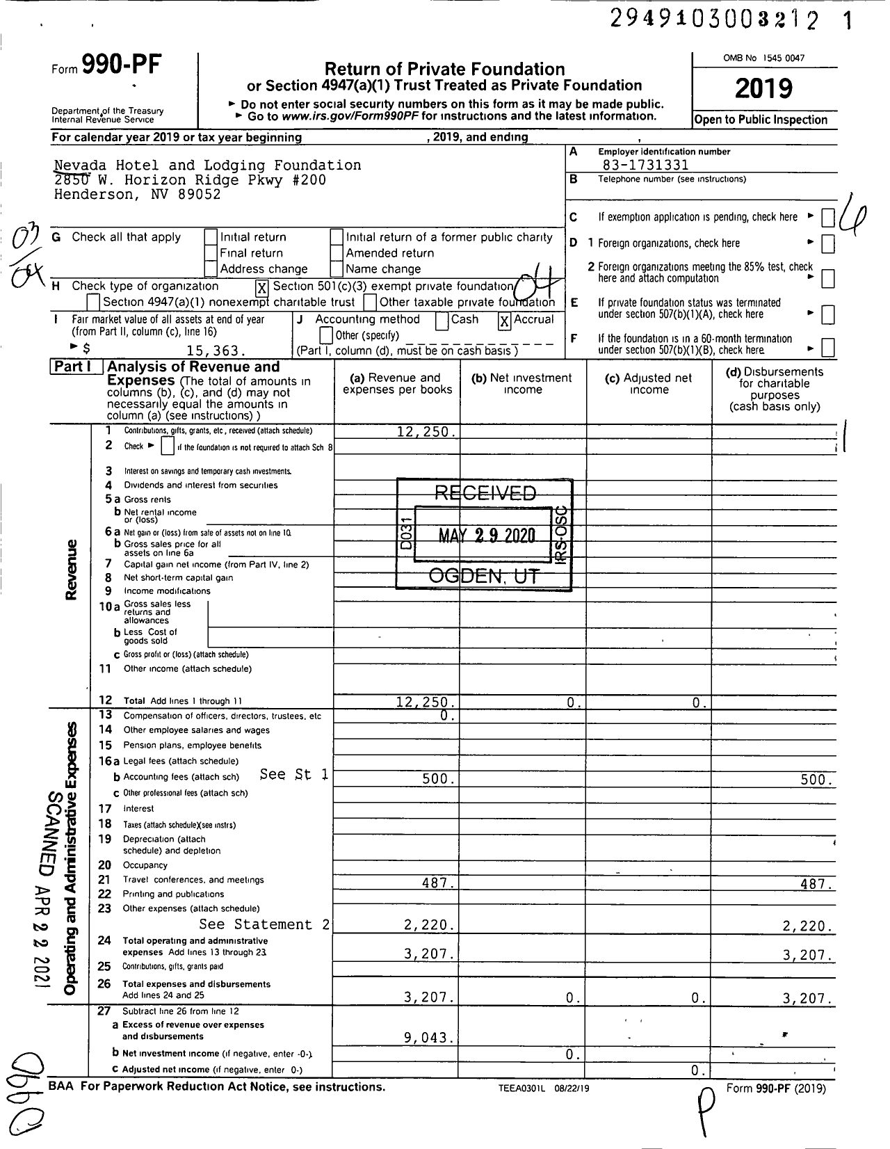 Image of first page of 2019 Form 990PF for Nevada Hotel and Lodging Foundation