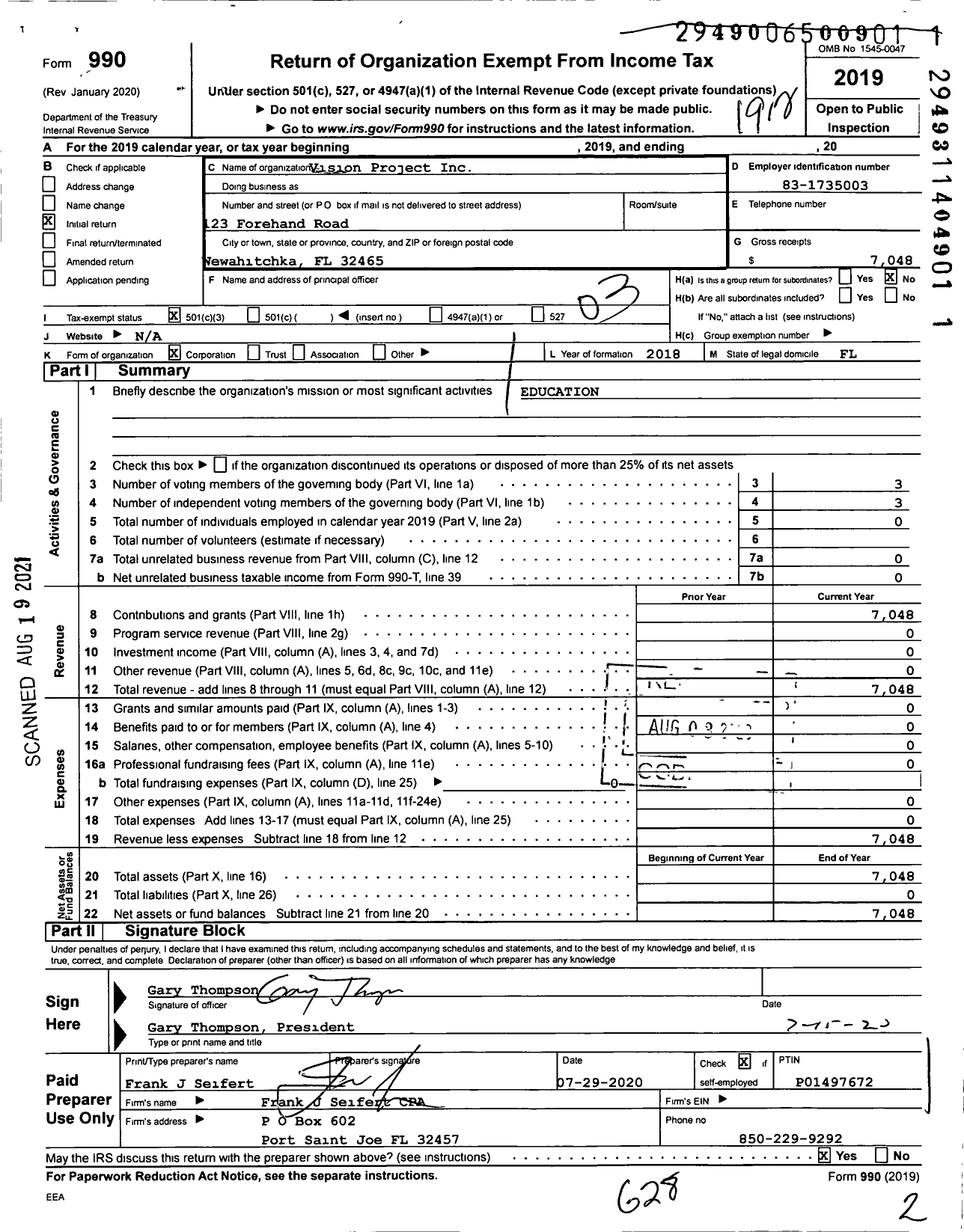 Image of first page of 2019 Form 990 for Vision Project