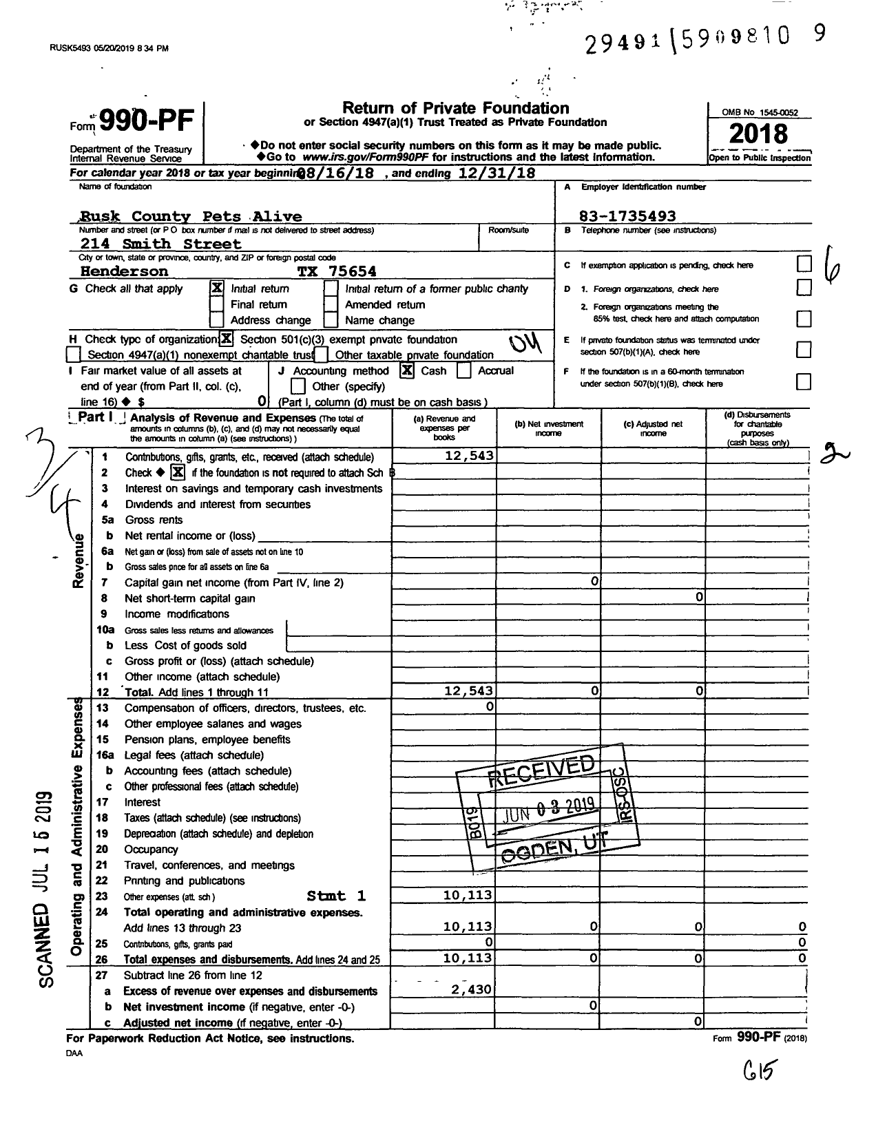 Image of first page of 2018 Form 990PF for Rusk County Pets Alive