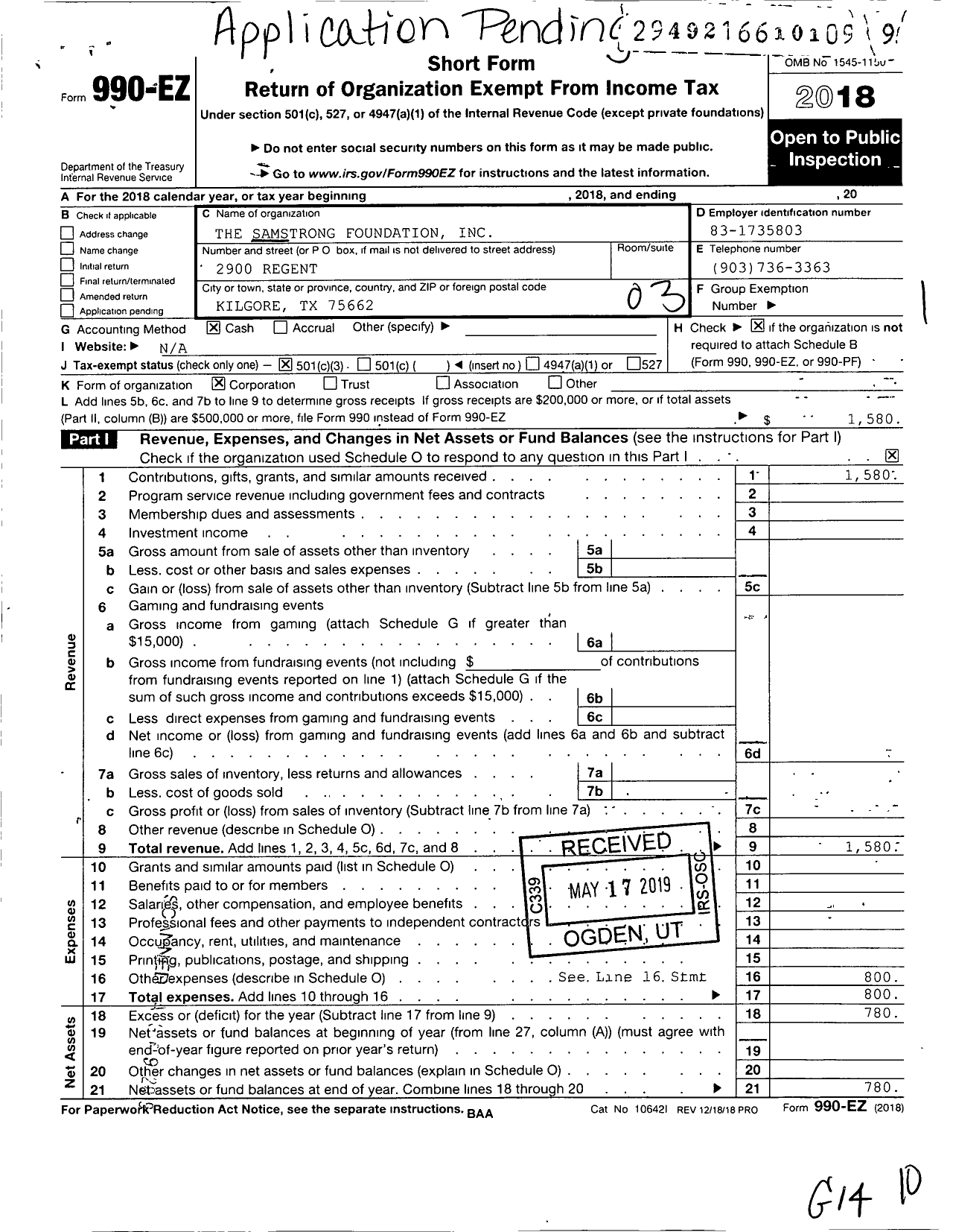 Image of first page of 2018 Form 990EZ for The Samstrong Foundation