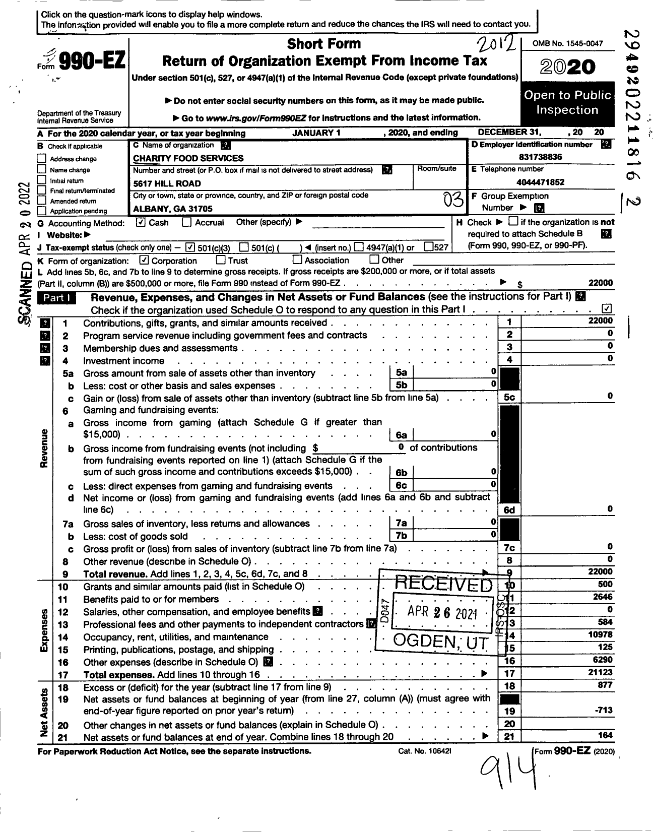 Image of first page of 2020 Form 990EZ for Charity Food Services