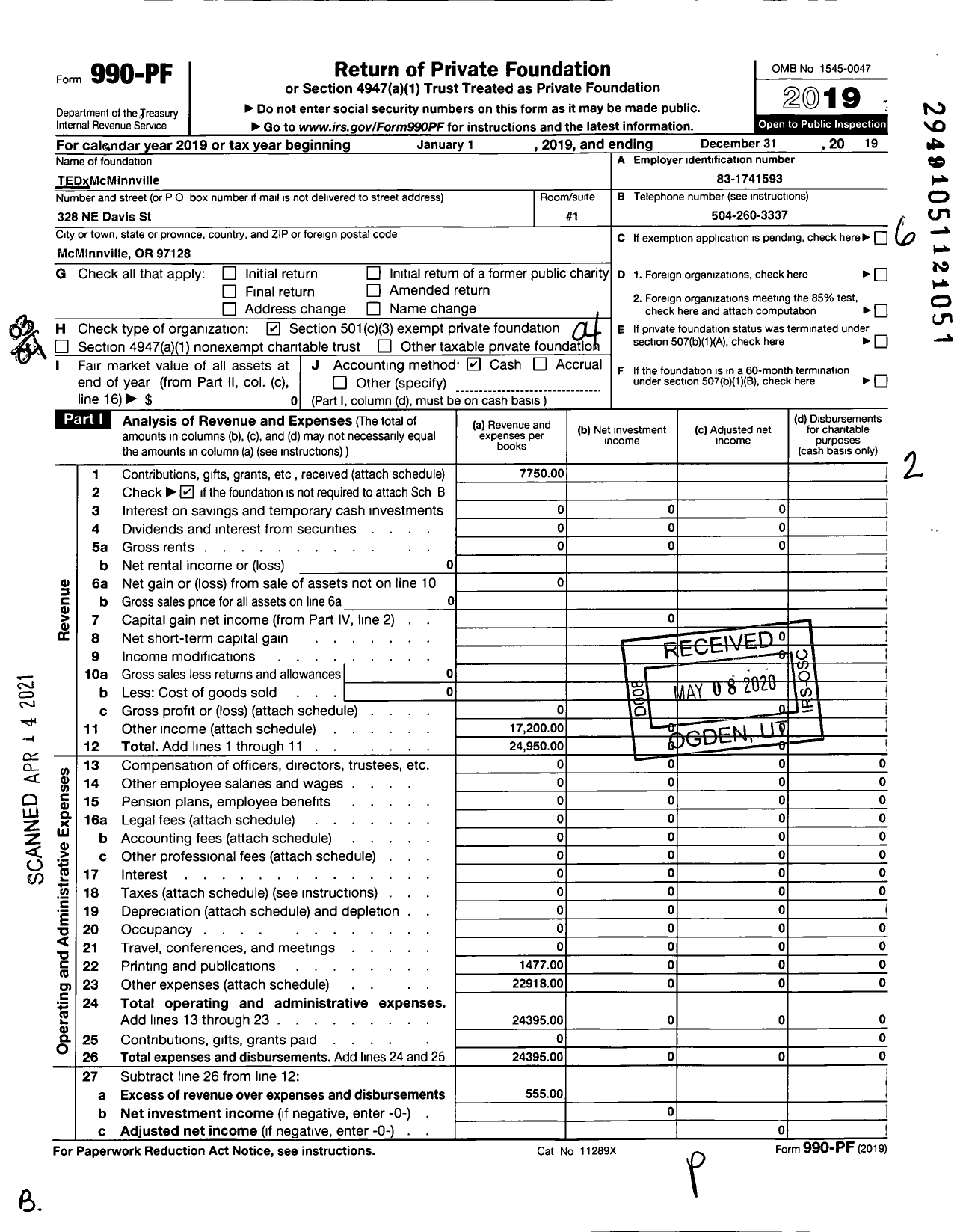 Image of first page of 2019 Form 990PF for Tedxmcminnville