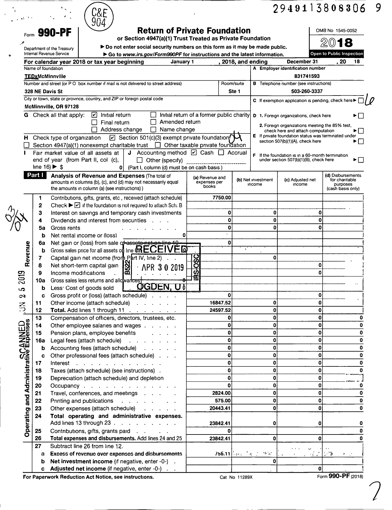 Image of first page of 2018 Form 990PF for Tedxmcminnville