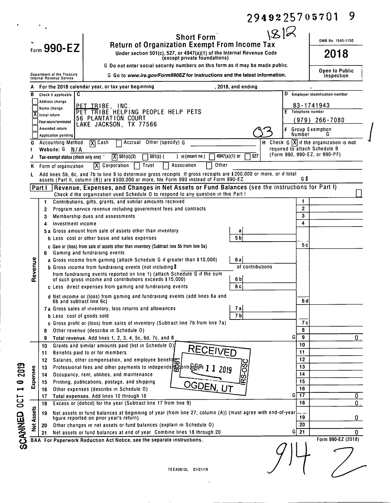 Image of first page of 2018 Form 990EZ for Pet Tribe Inc Pet Tribe Helping People Help Pets