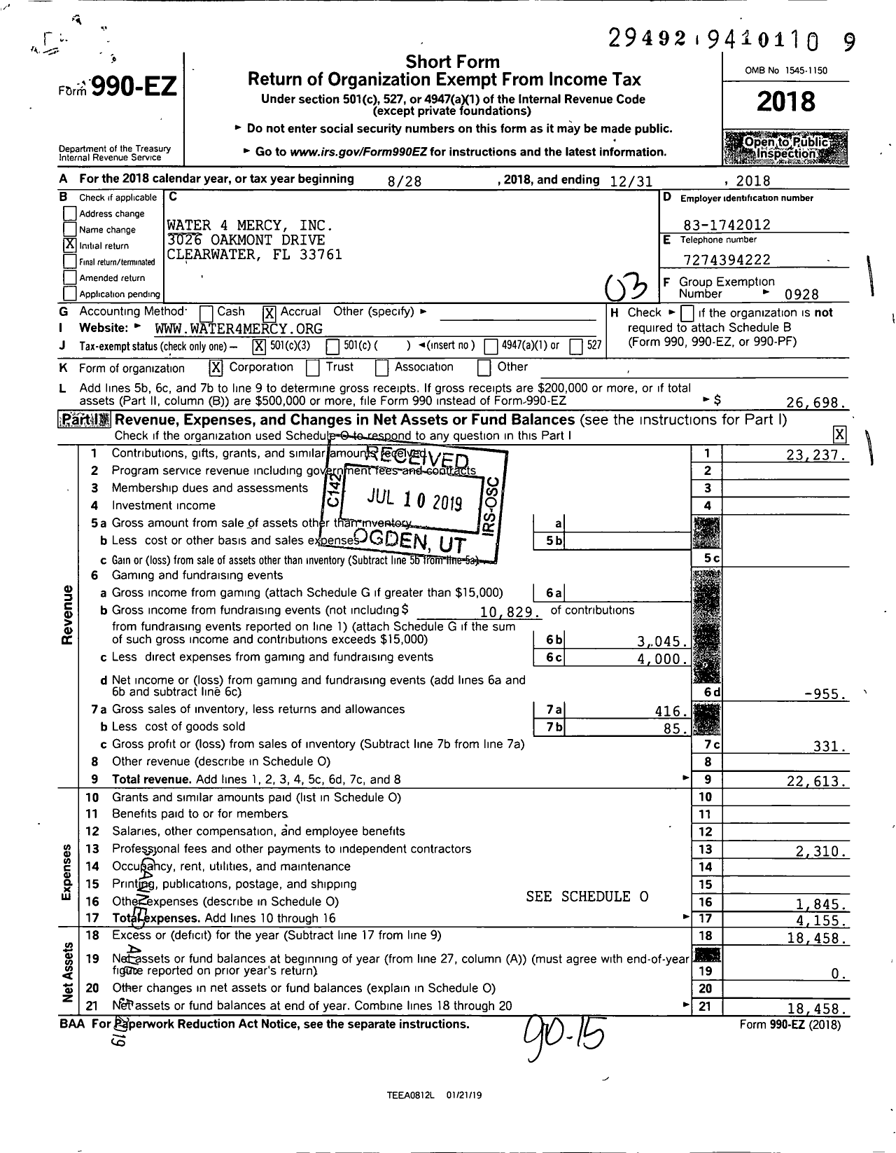 Image of first page of 2018 Form 990EZ for Water 4 Mercy