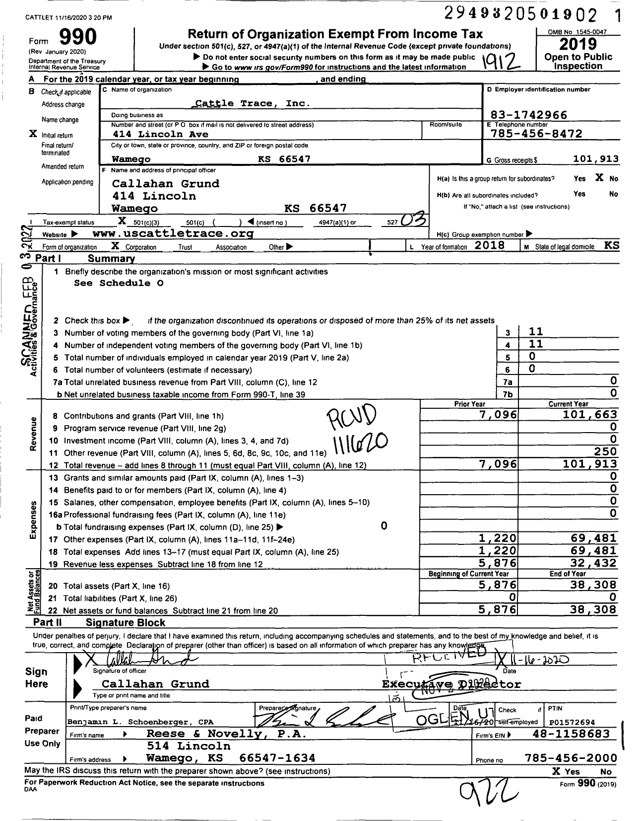 Image of first page of 2019 Form 990 for Cattle Trace