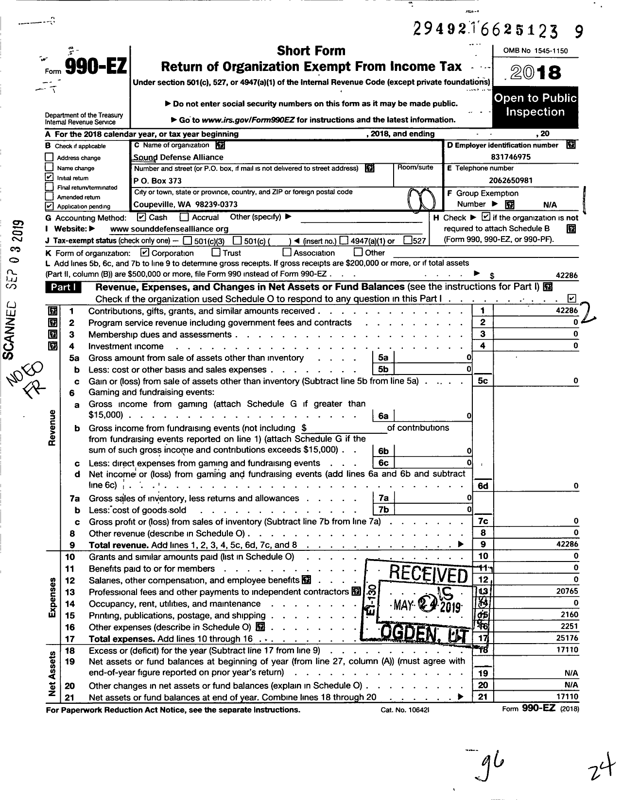 Image of first page of 2018 Form 990EO for Sound Defense Alliance