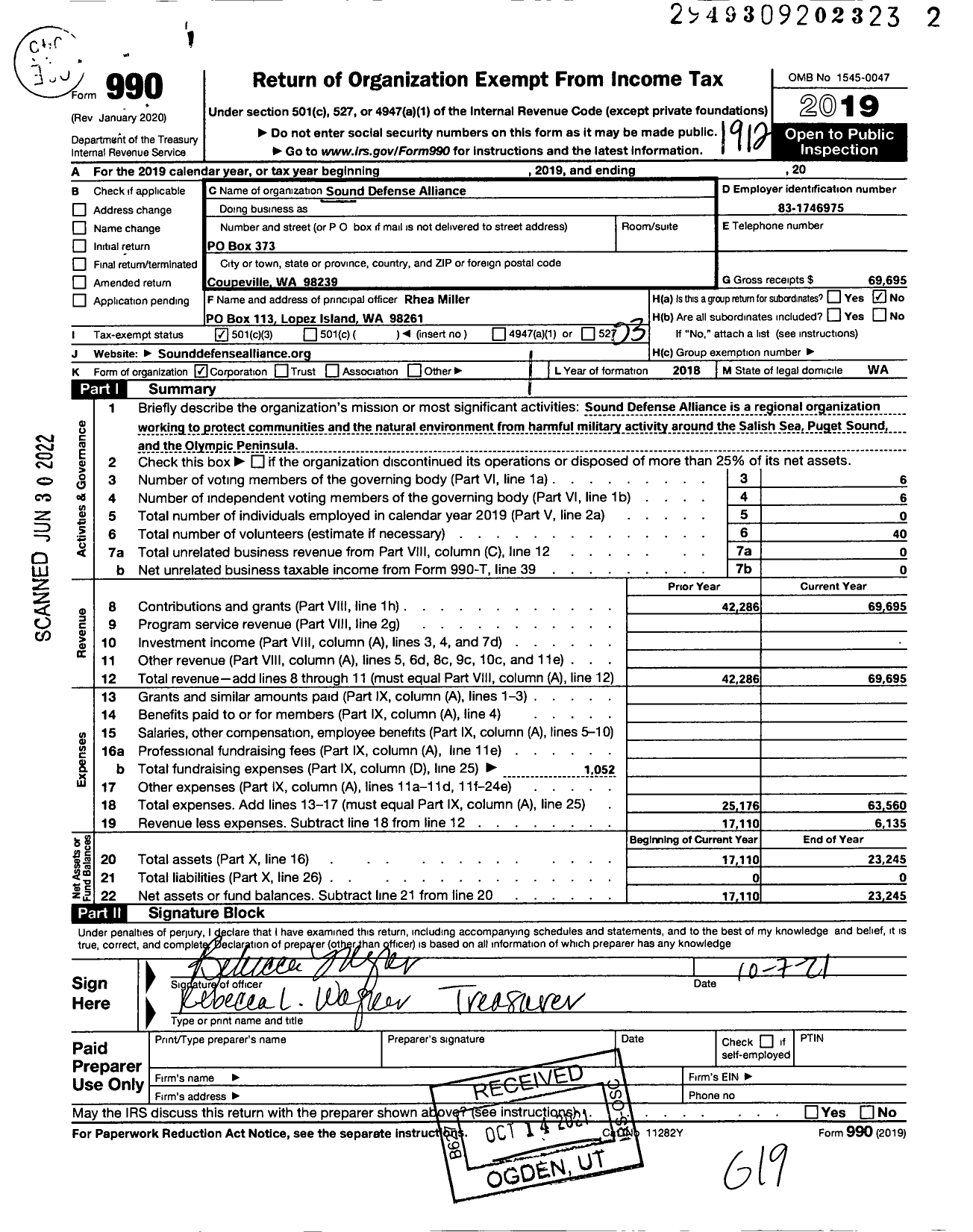 Image of first page of 2019 Form 990 for Sound Defense Alliance