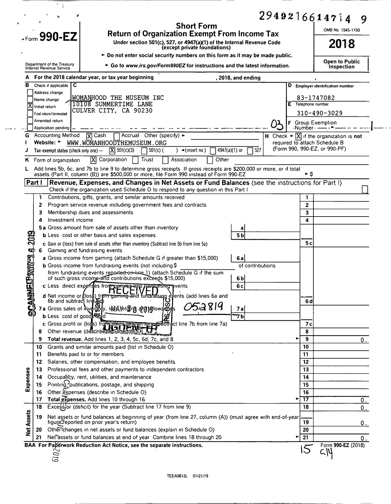 Image of first page of 2018 Form 990EZ for Womanhood the Museum