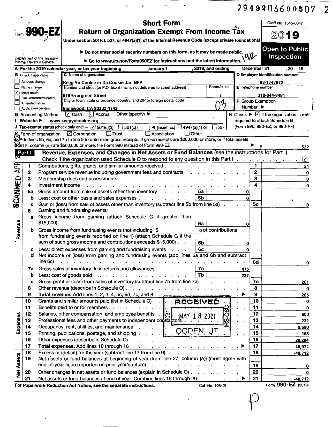 Image of first page of 2019 Form 990EZ for Keep Yo Cookie in Da Cookie Jar NFP