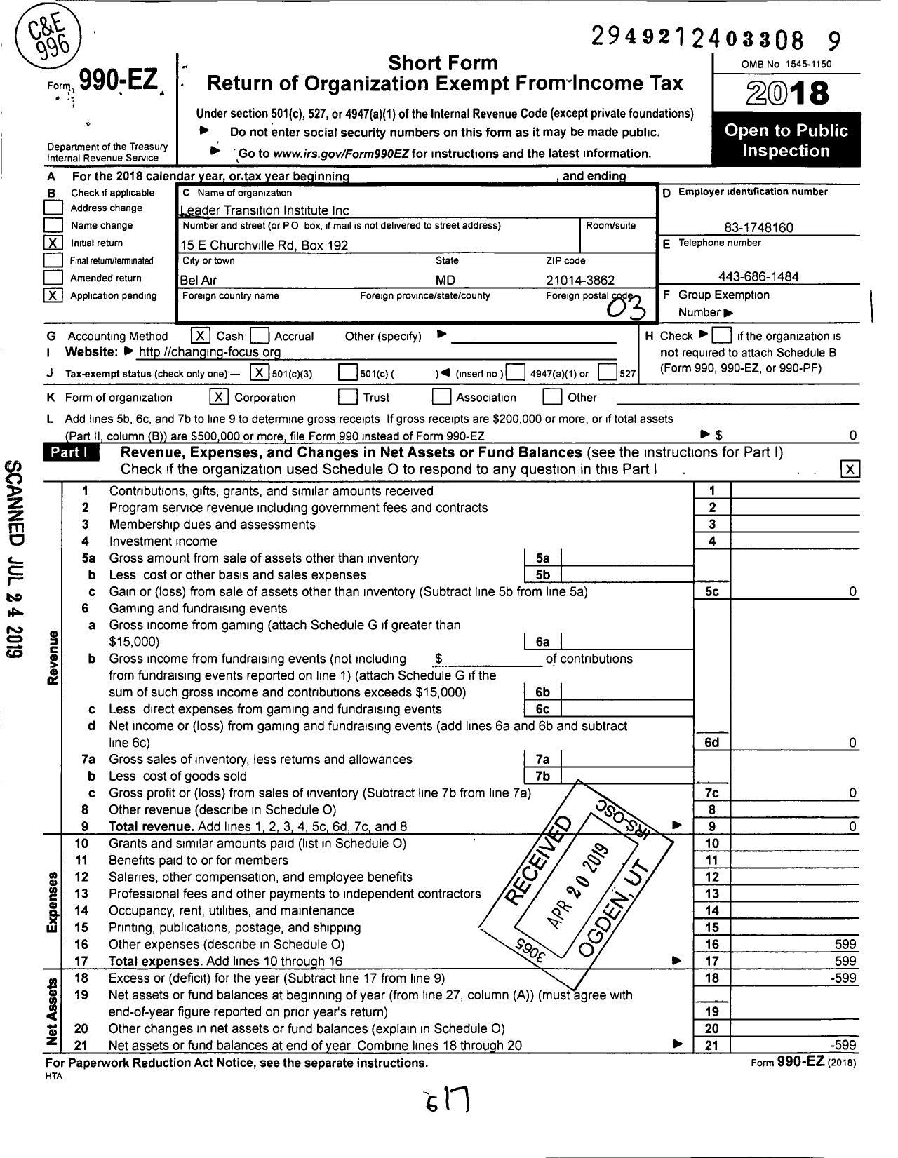 Image of first page of 2018 Form 990EZ for Leader Transition Institute