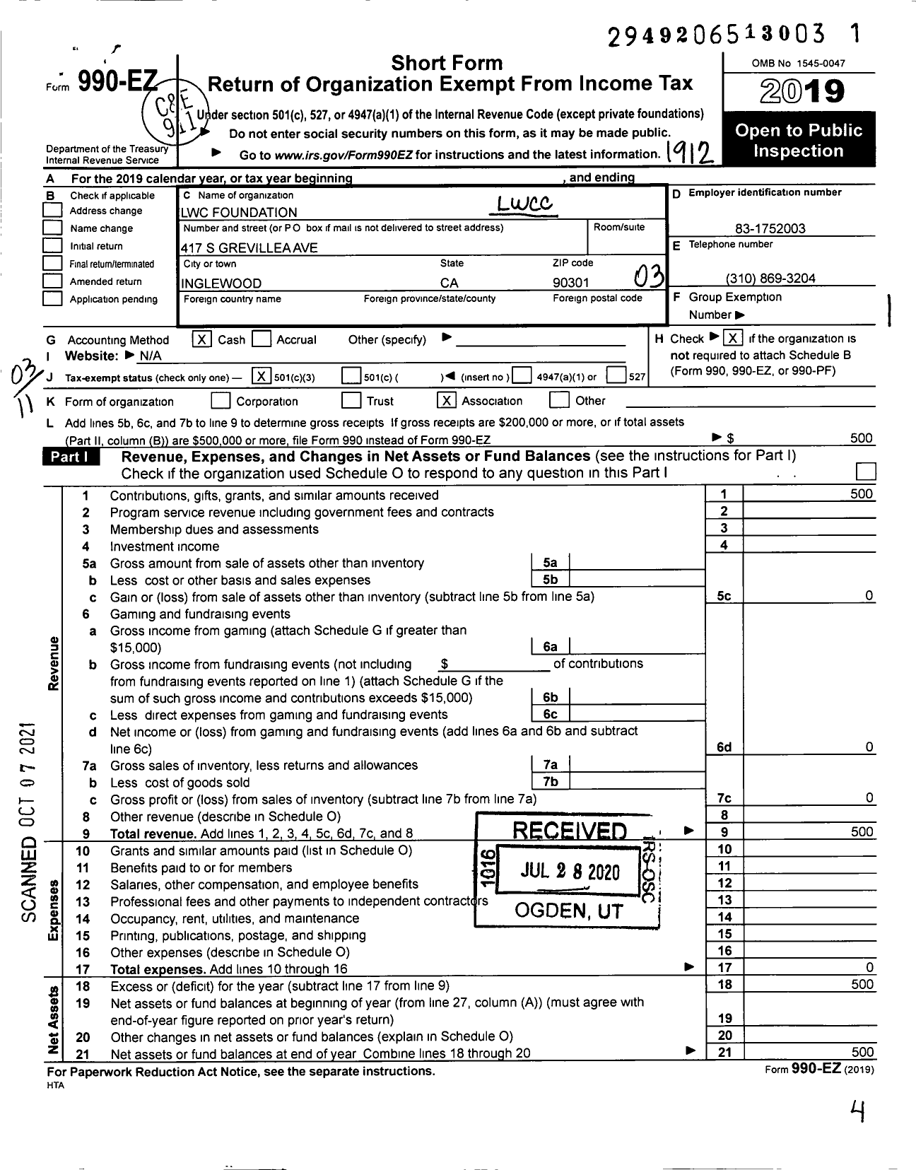 Image of first page of 2019 Form 990EZ for LWC Community Foundation