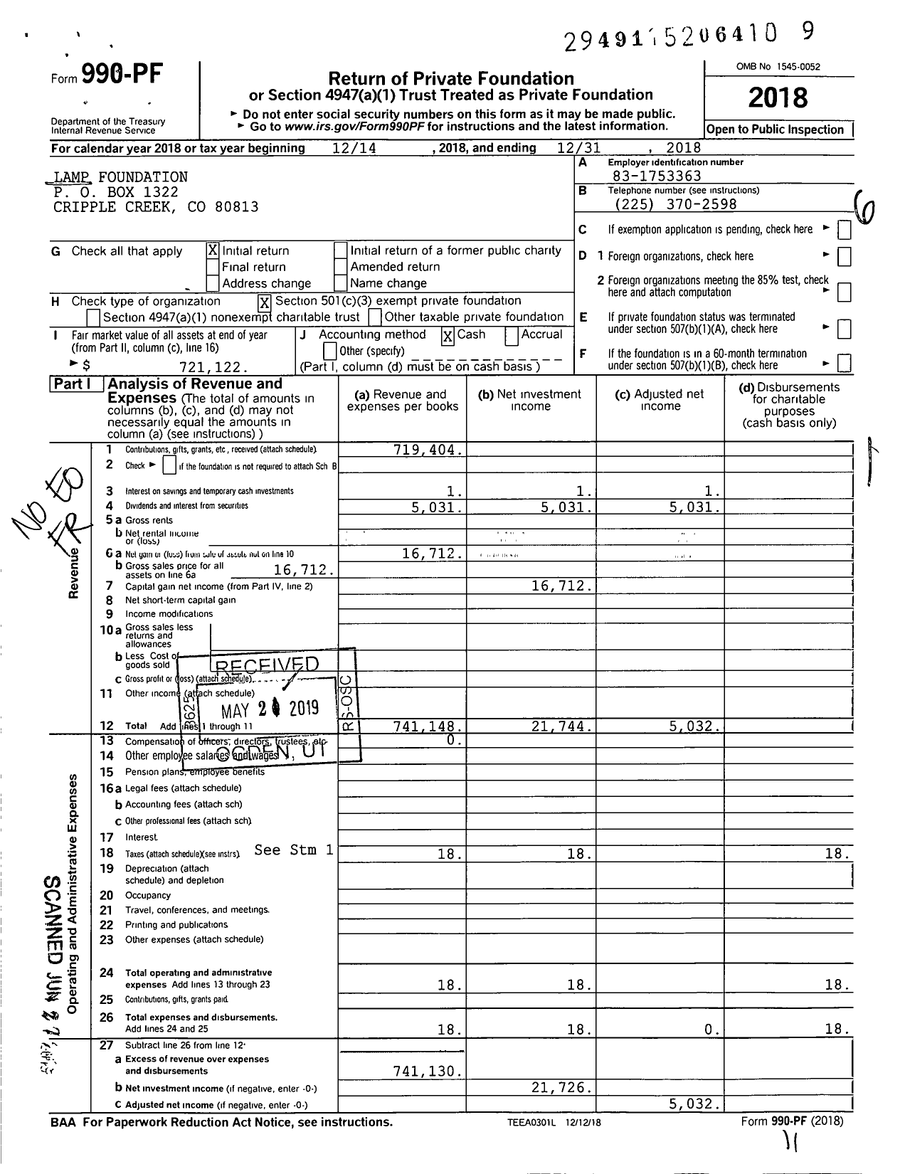 Image of first page of 2018 Form 990PF for The Lamp Foundation