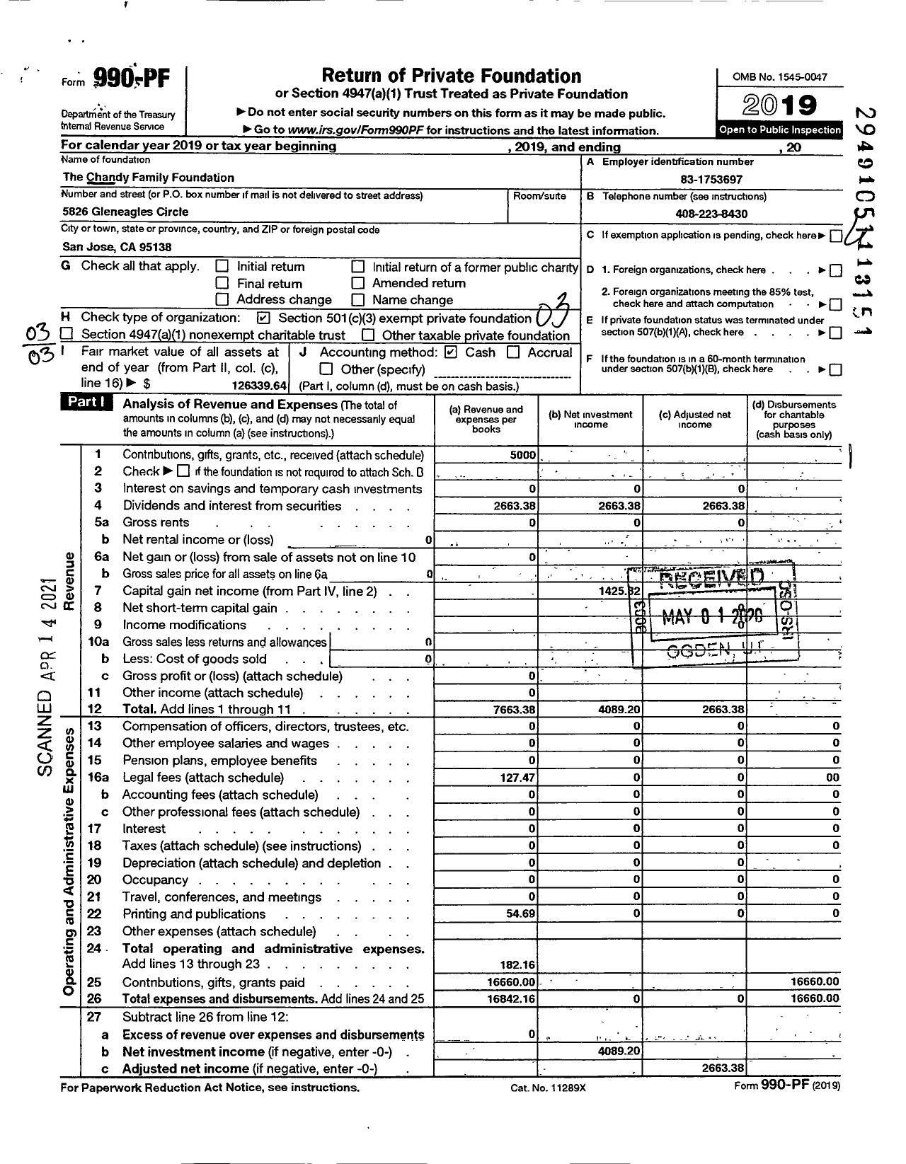 Image of first page of 2019 Form 990PF for The Chandy Family Foundation