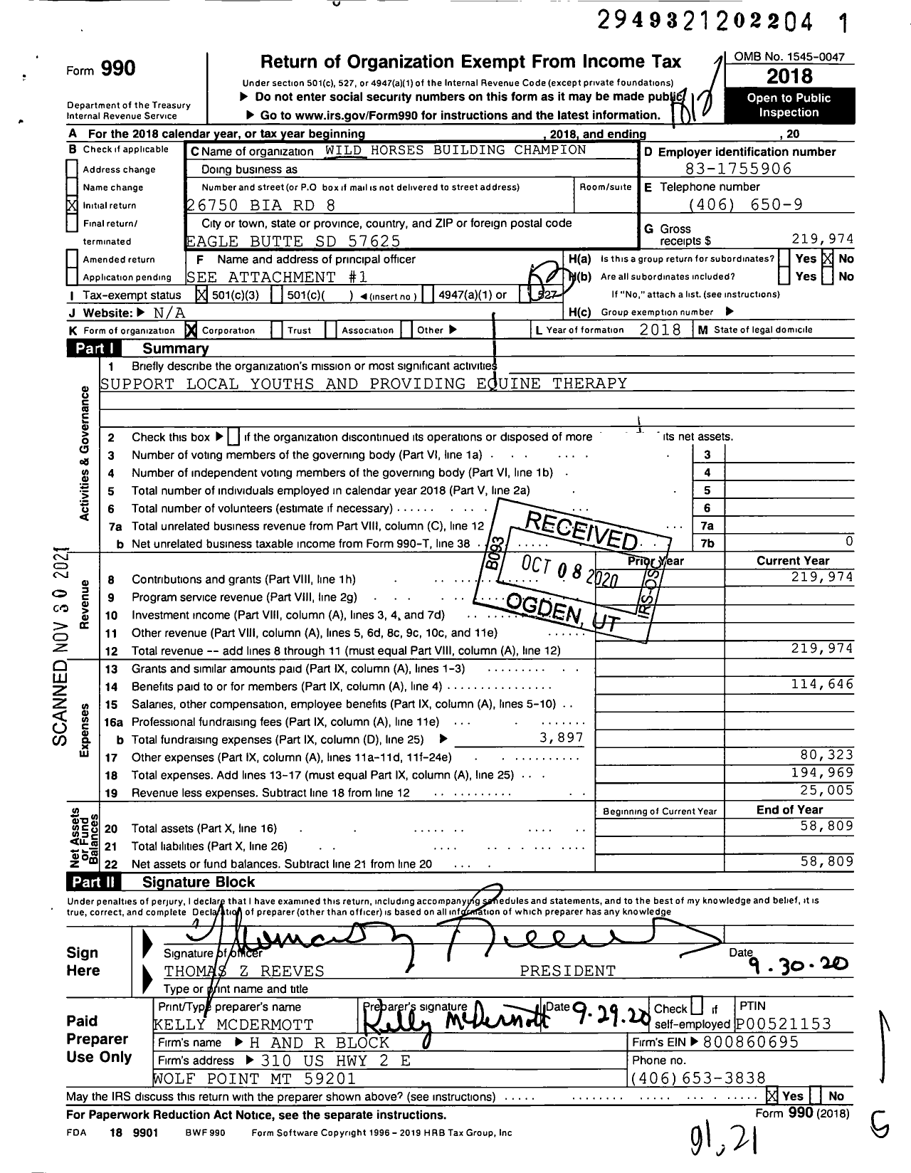 Image of first page of 2018 Form 990 for Wild Horses Building Champions