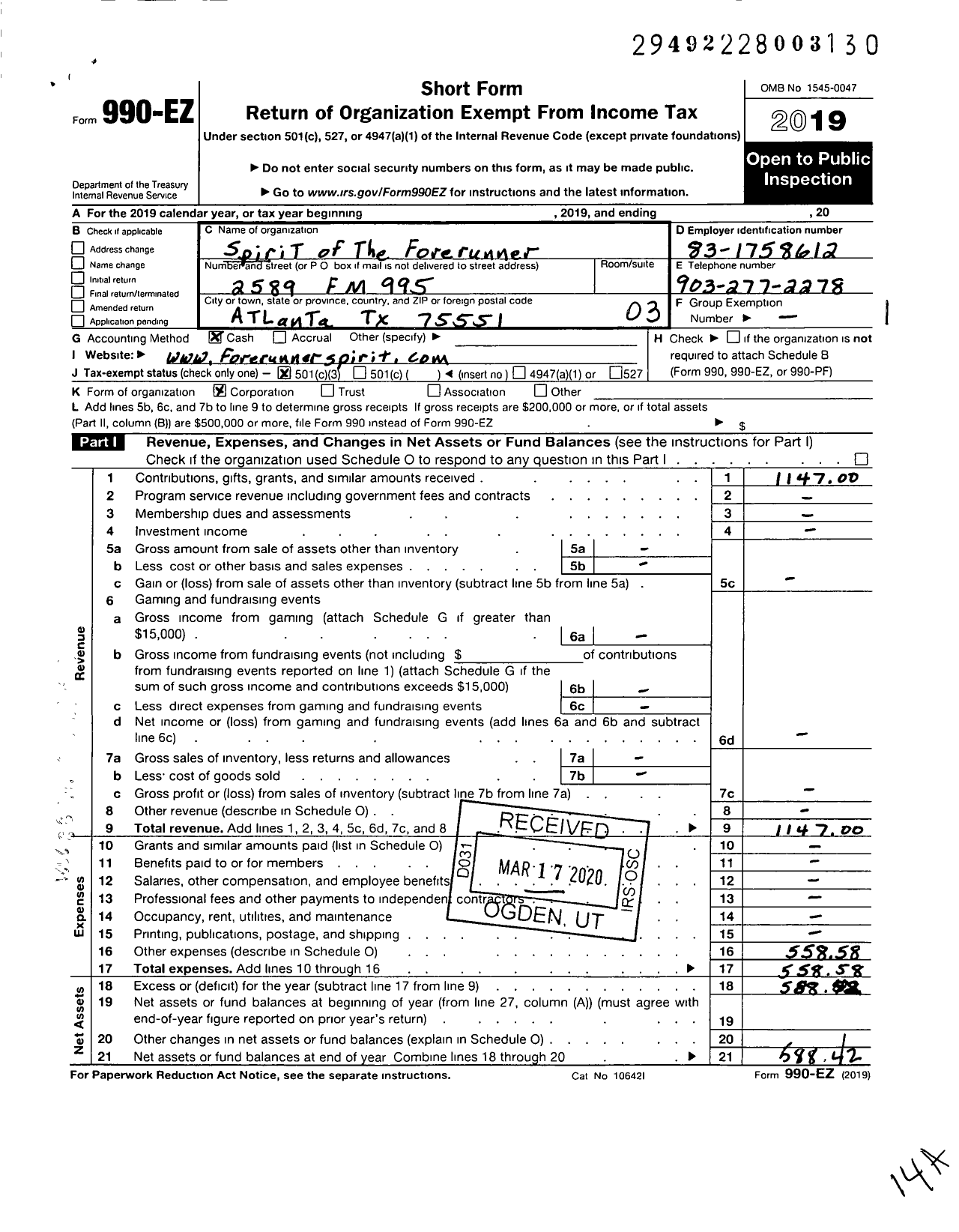 Image of first page of 2019 Form 990EZ for Spirit of the Forerunner