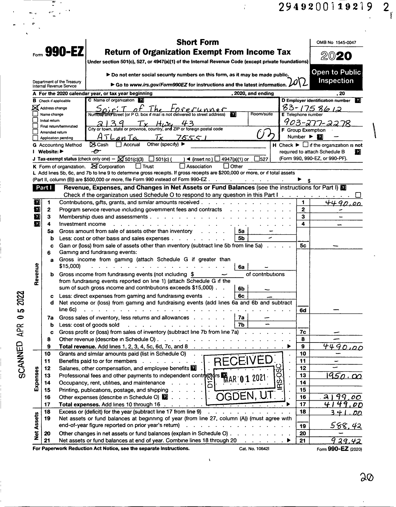 Image of first page of 2020 Form 990EZ for Spirit of the Forerunner