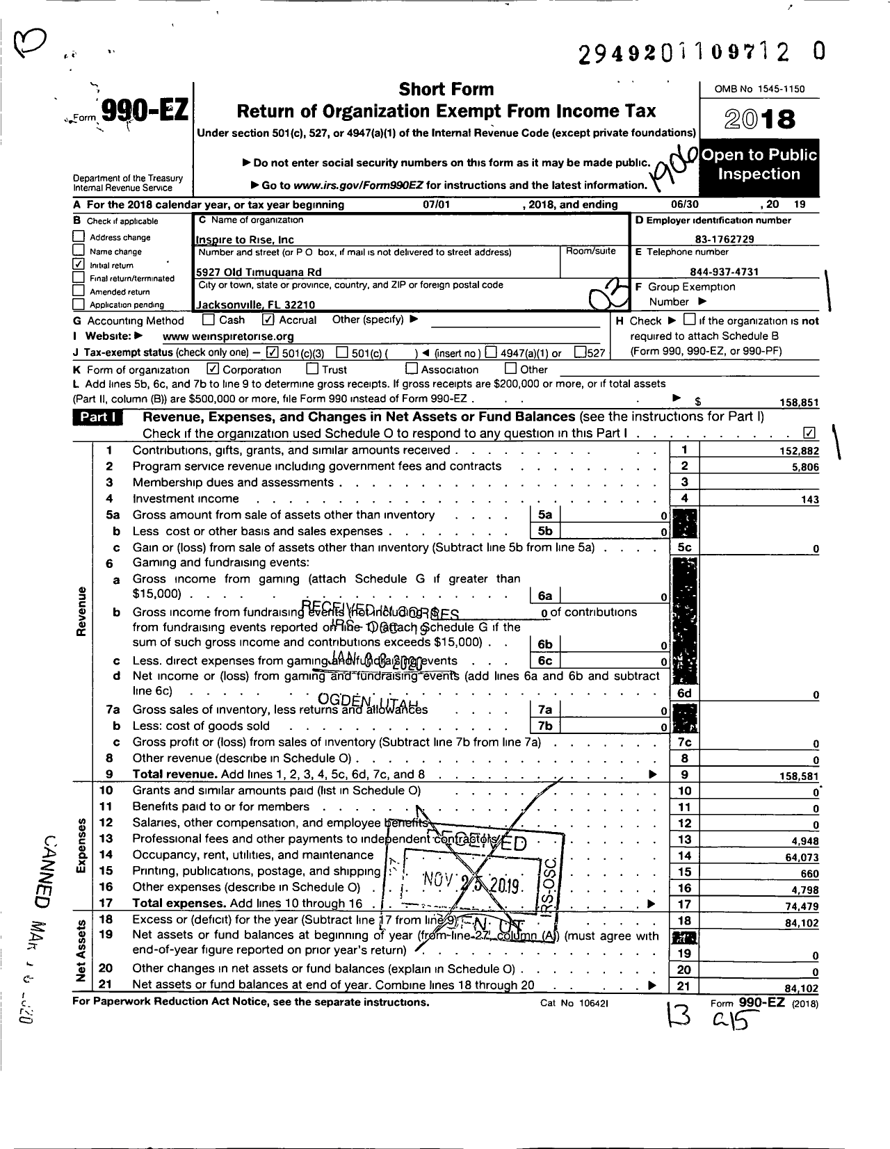 Image of first page of 2018 Form 990EZ for Inspire To Rise