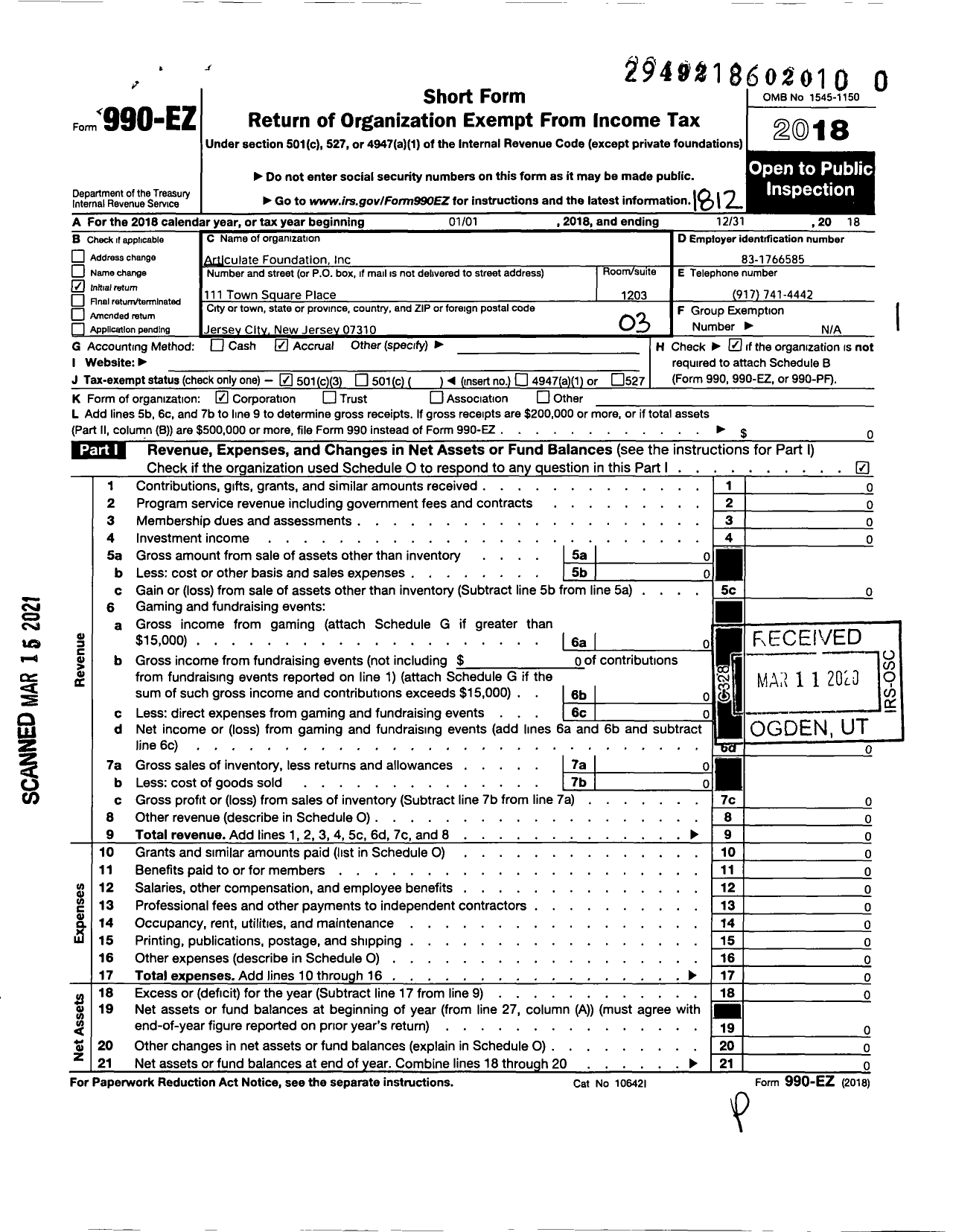 Image of first page of 2018 Form 990EZ for Articulate Foundation