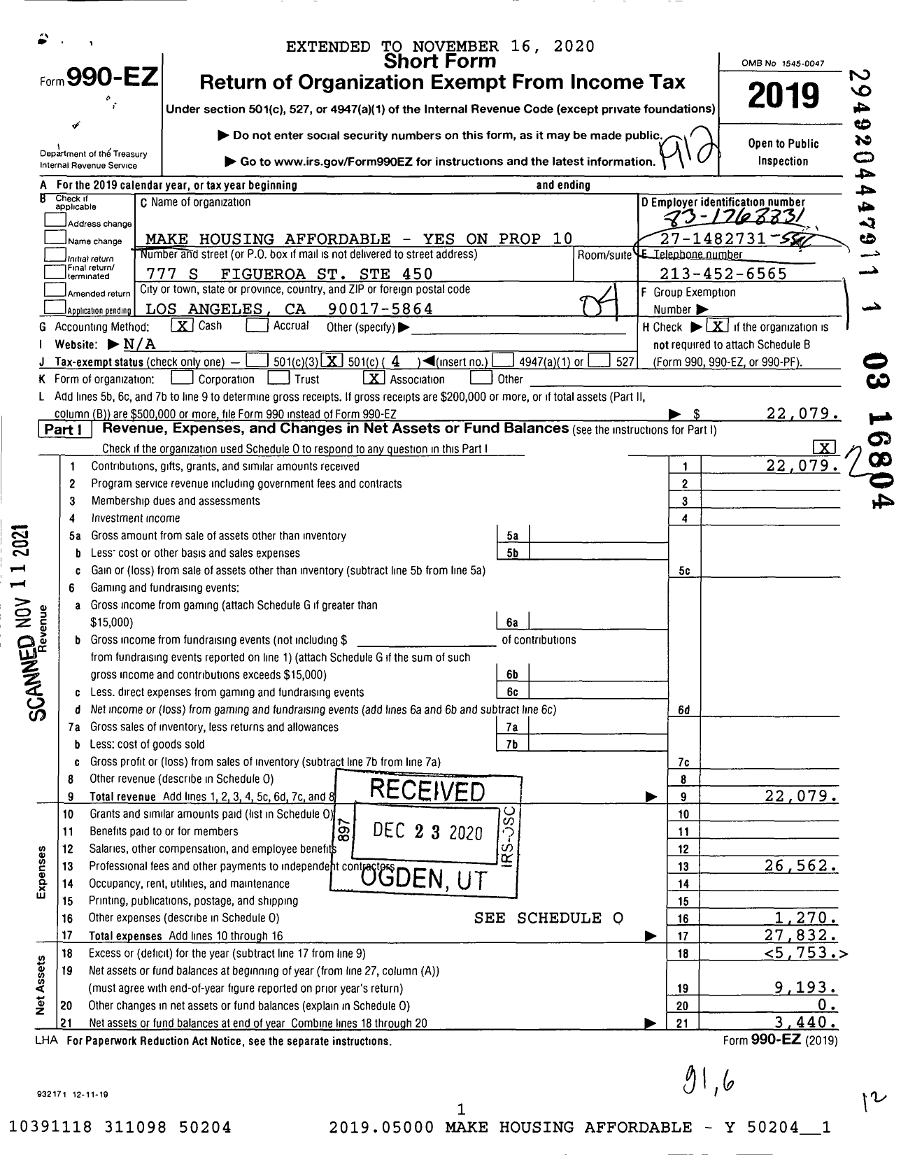 Image of first page of 2019 Form 990EO for Make Housing Affordable - Yes on Prop 10