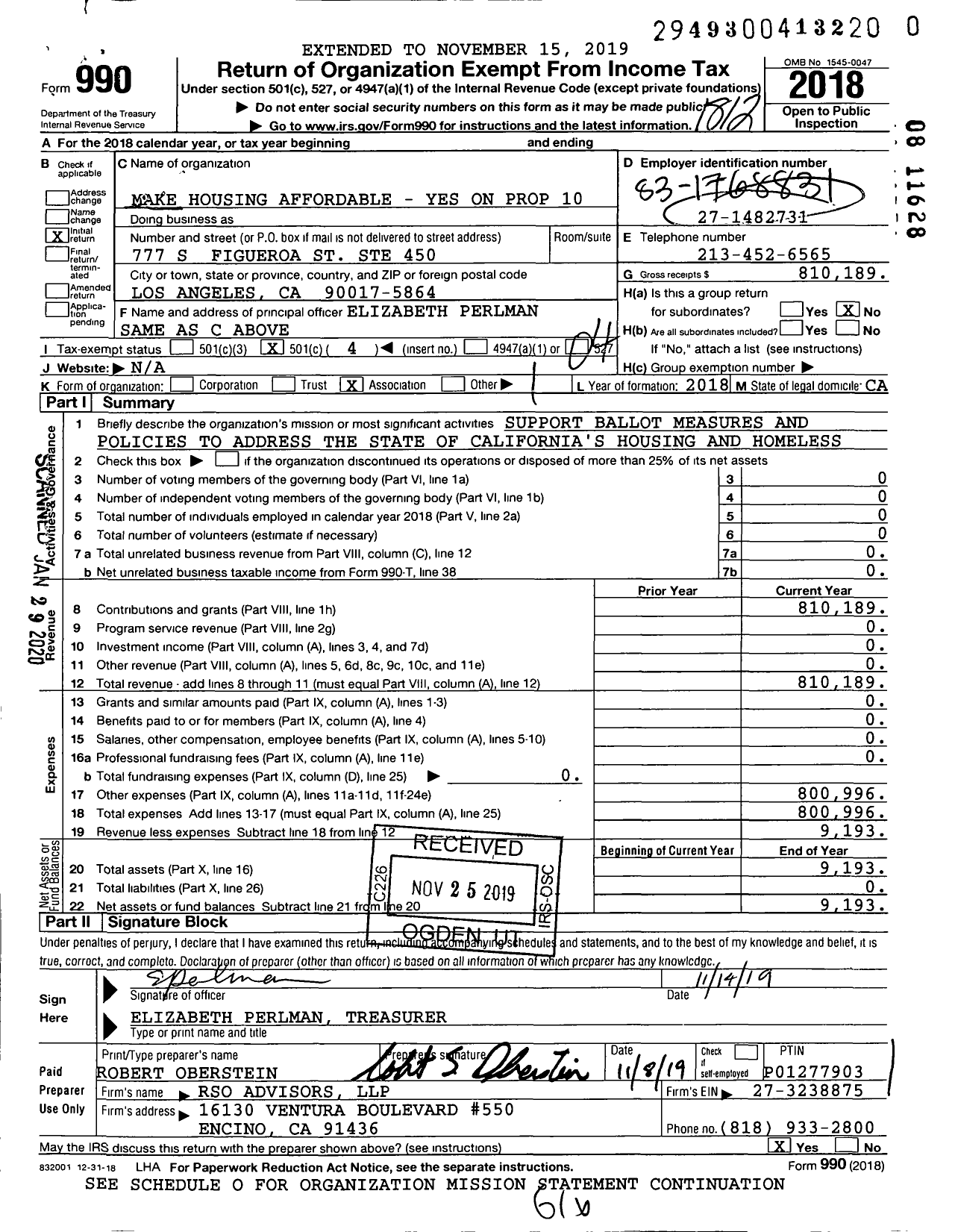 Image of first page of 2018 Form 990O for Make Housing Affordable - Yes on Prop 10