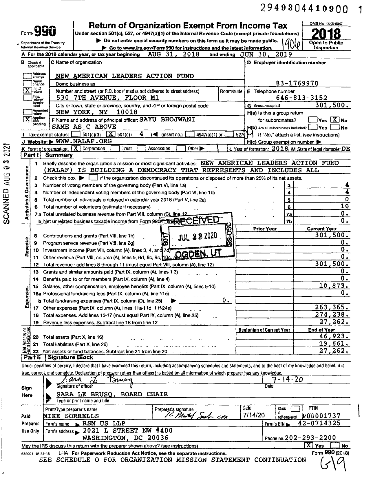 Image of first page of 2018 Form 990O for New American Leaders Action Fund