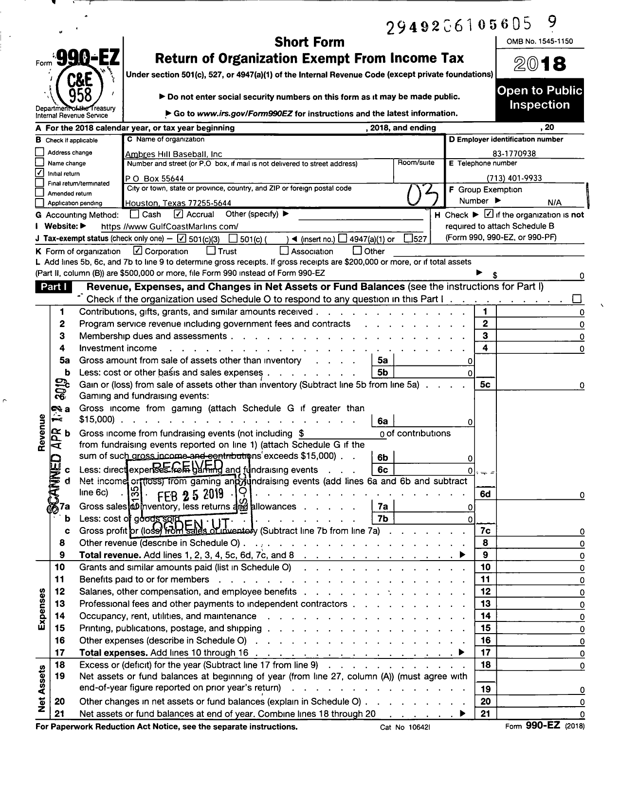 Image of first page of 2018 Form 990EZ for Ambres Hill Baseball