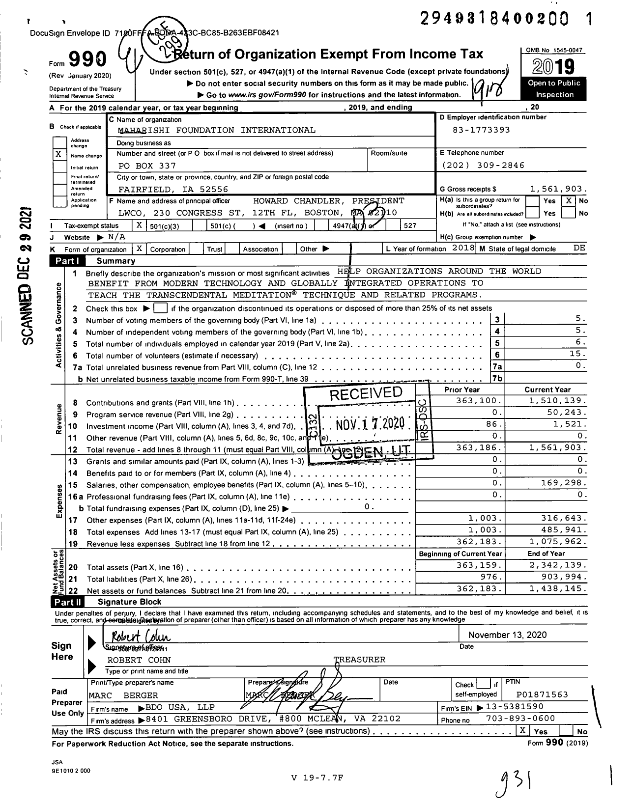 Image of first page of 2019 Form 990 for Maharishi Foundation International