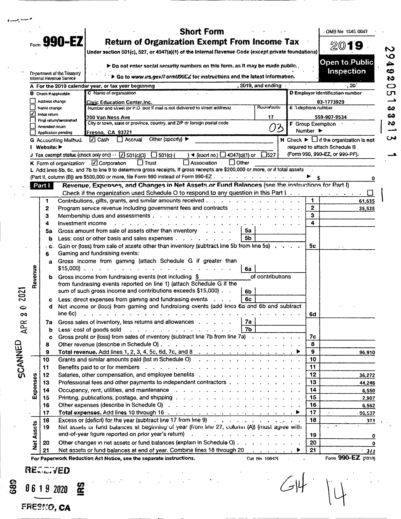 Image of first page of 2019 Form 990EZ for Civic Education Center