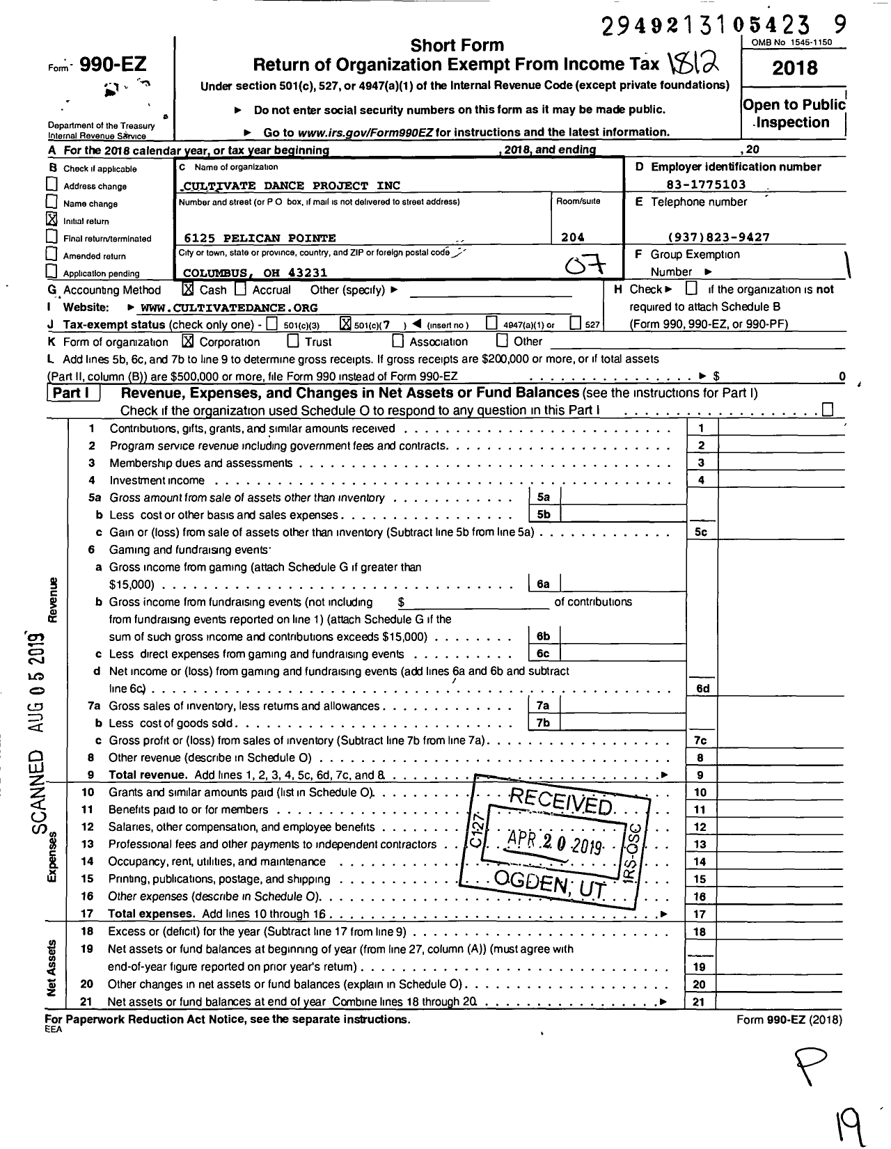 Image of first page of 2018 Form 990EO for Cultivate Dance Project