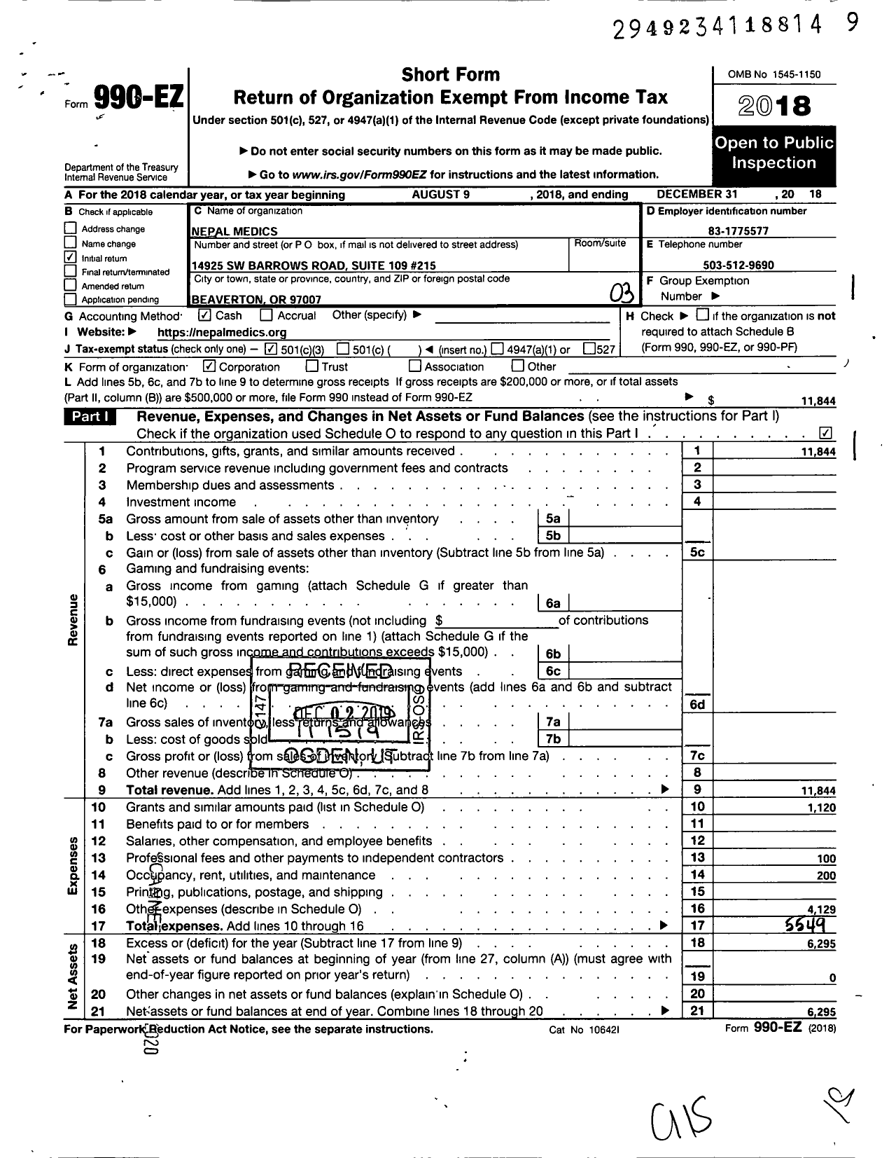 Image of first page of 2018 Form 990EZ for Nepal Medics