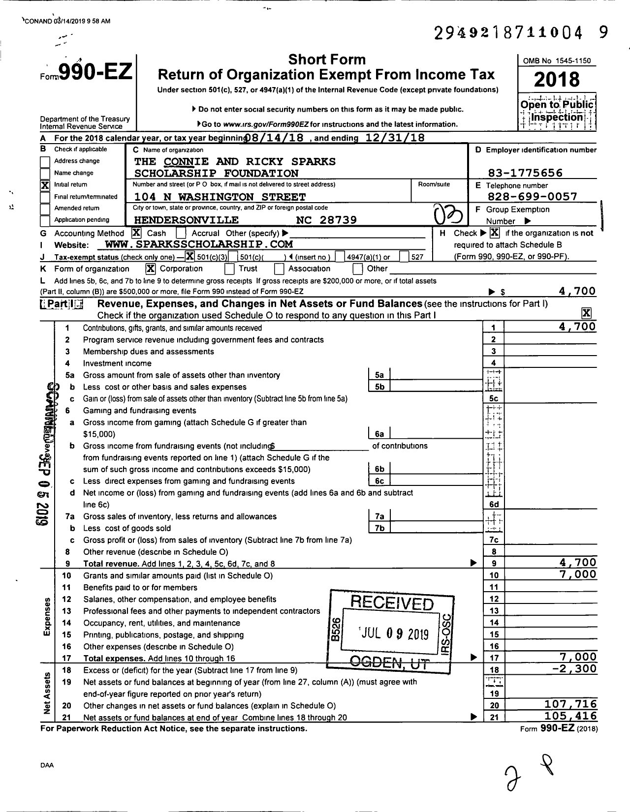 Image of first page of 2018 Form 990EZ for The Connie and Ricky Sparks Scholarship Foundation