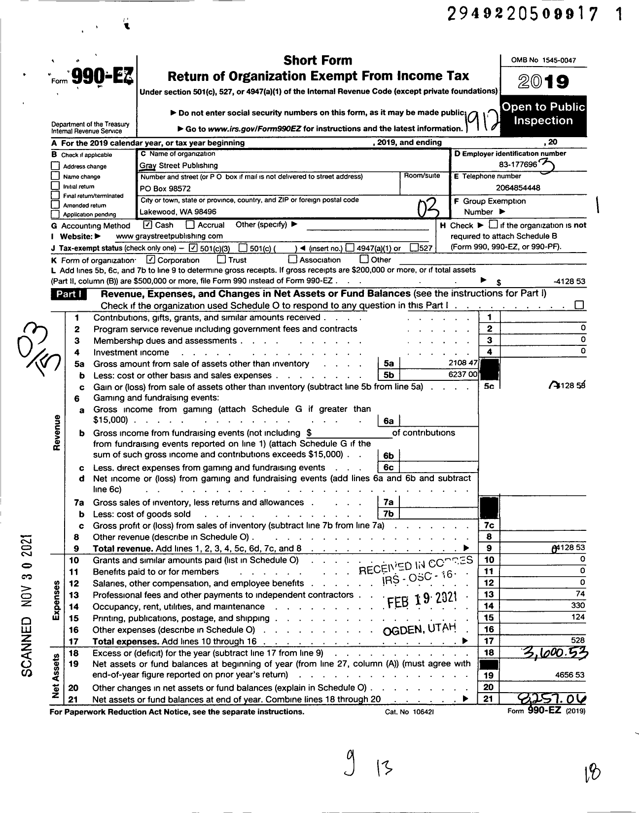 Image of first page of 2019 Form 990EZ for Gray Street Publishing