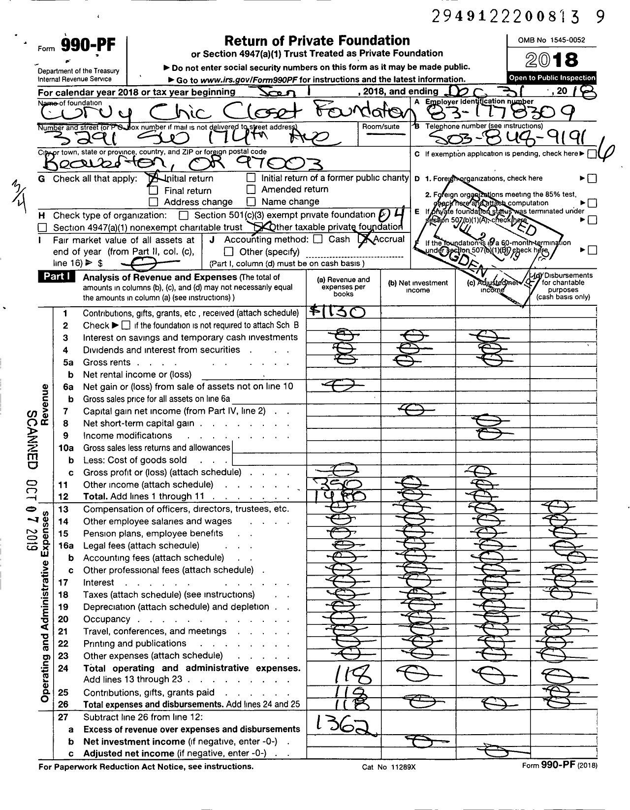 Image of first page of 2018 Form 990PF for Curvy Chic Closet Foundation