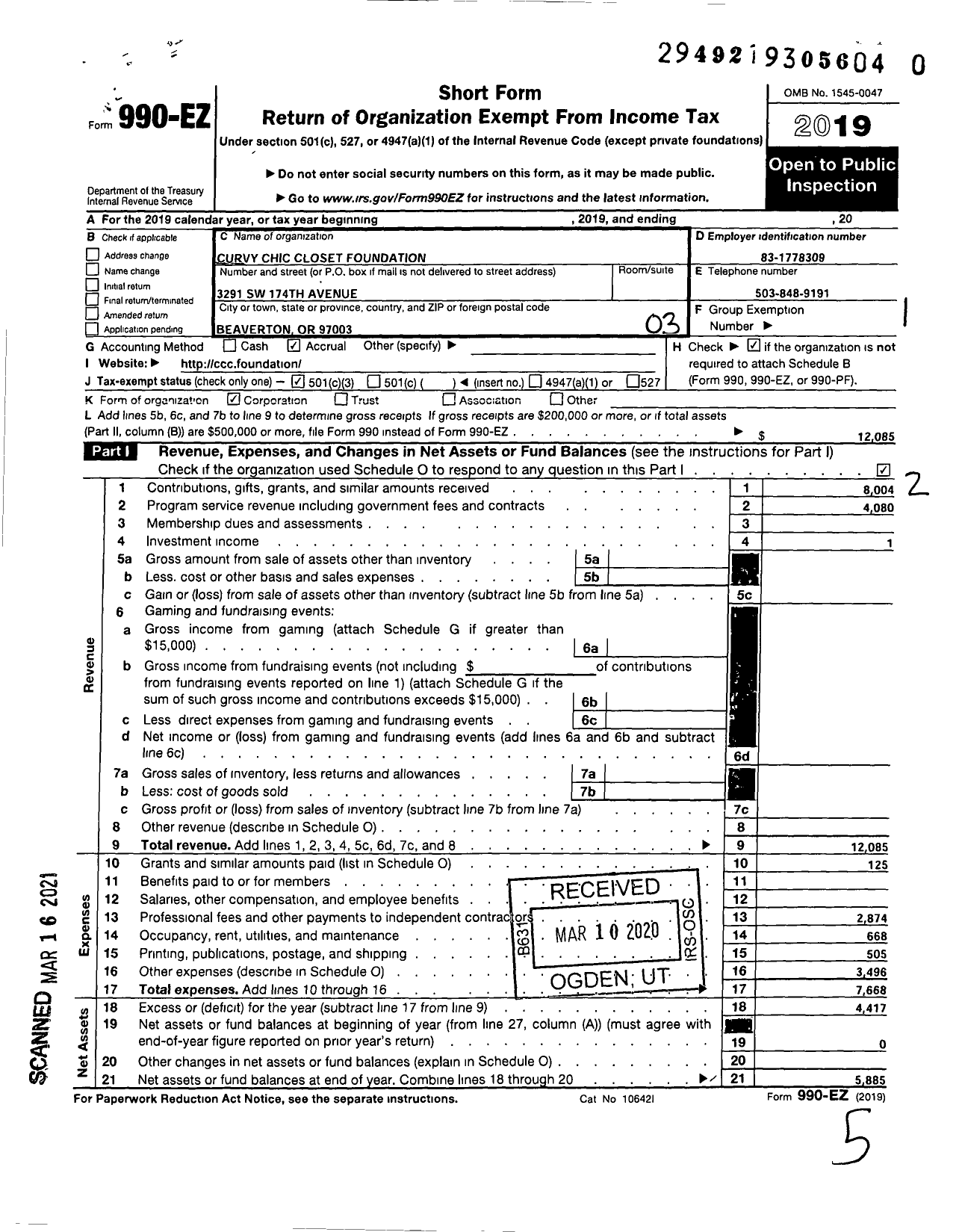 Image of first page of 2019 Form 990EZ for Curvy Chic Closet Foundation