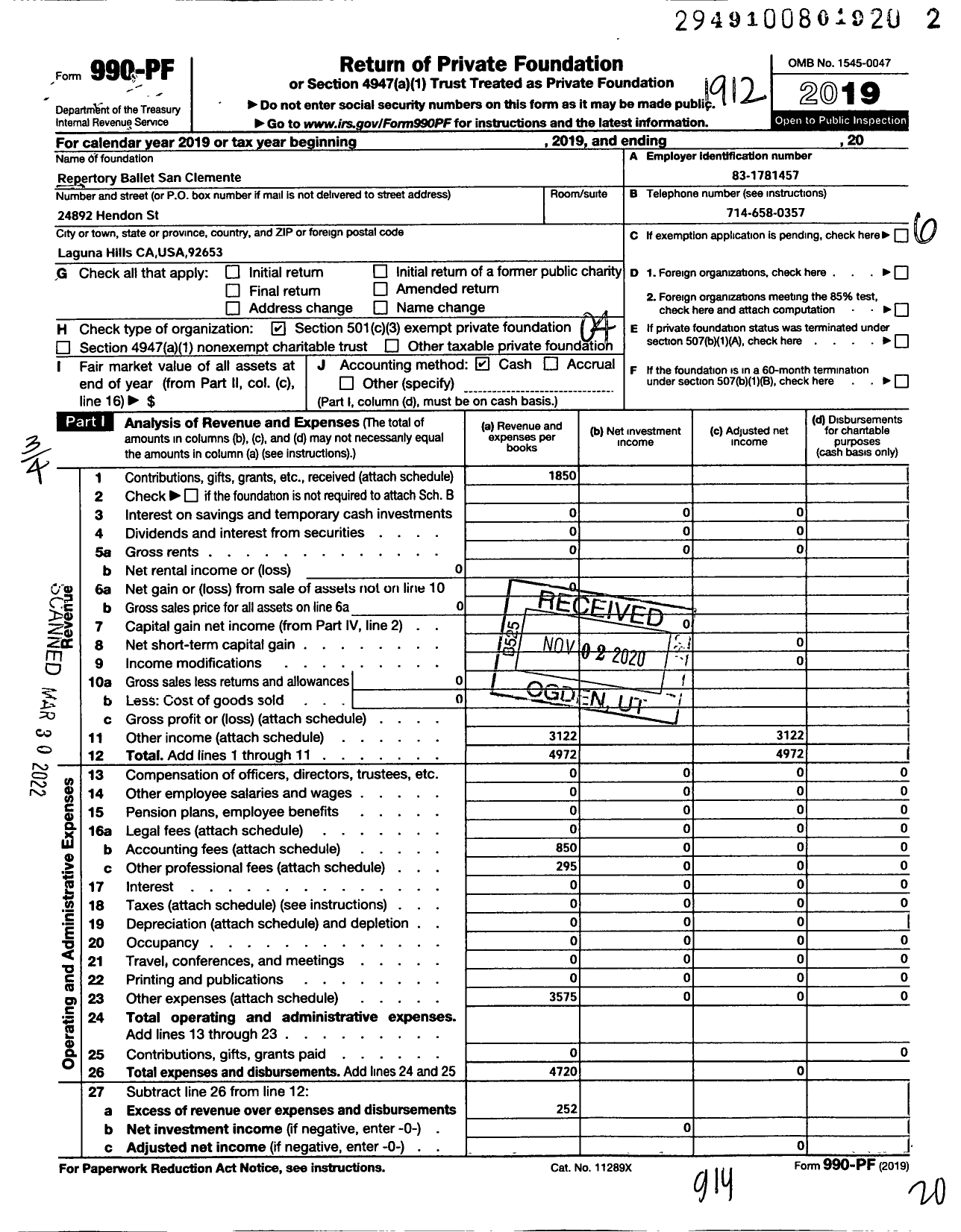 Image of first page of 2019 Form 990PF for Repertory Ballet San Clemente