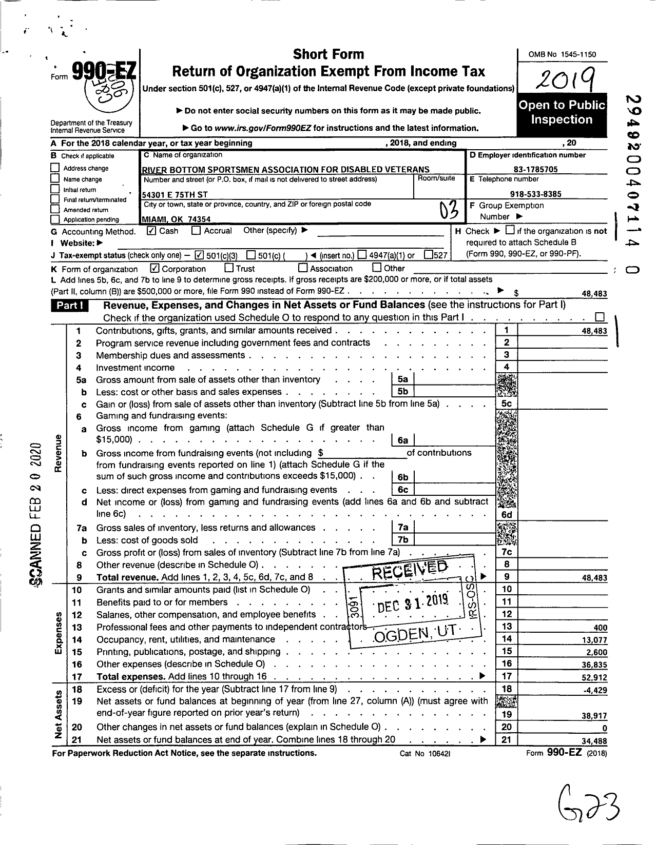 Image of first page of 2019 Form 990EZ for River Bottom Sportsmen Association for Disabled Veterans