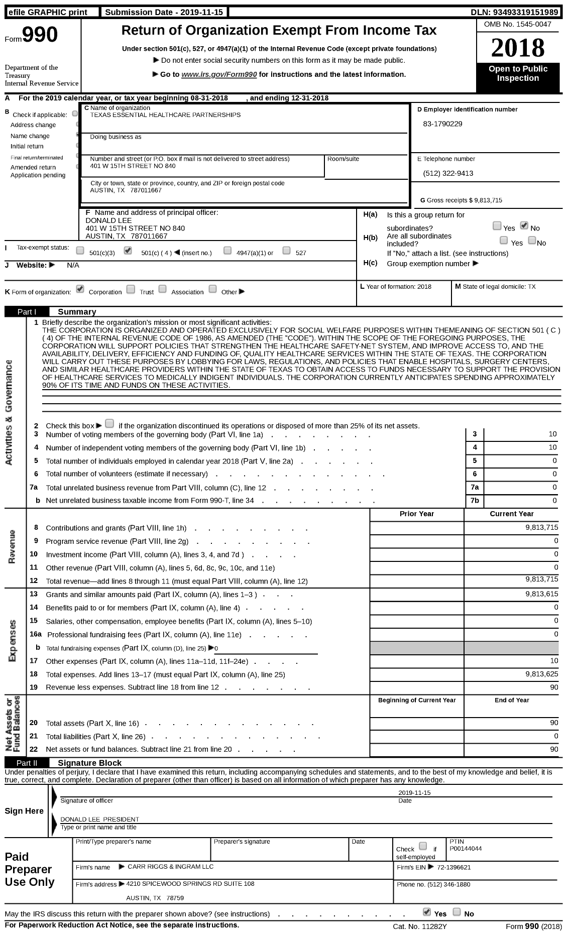 Image of first page of 2018 Form 990 for Texas Essential Healthcare Partnerships